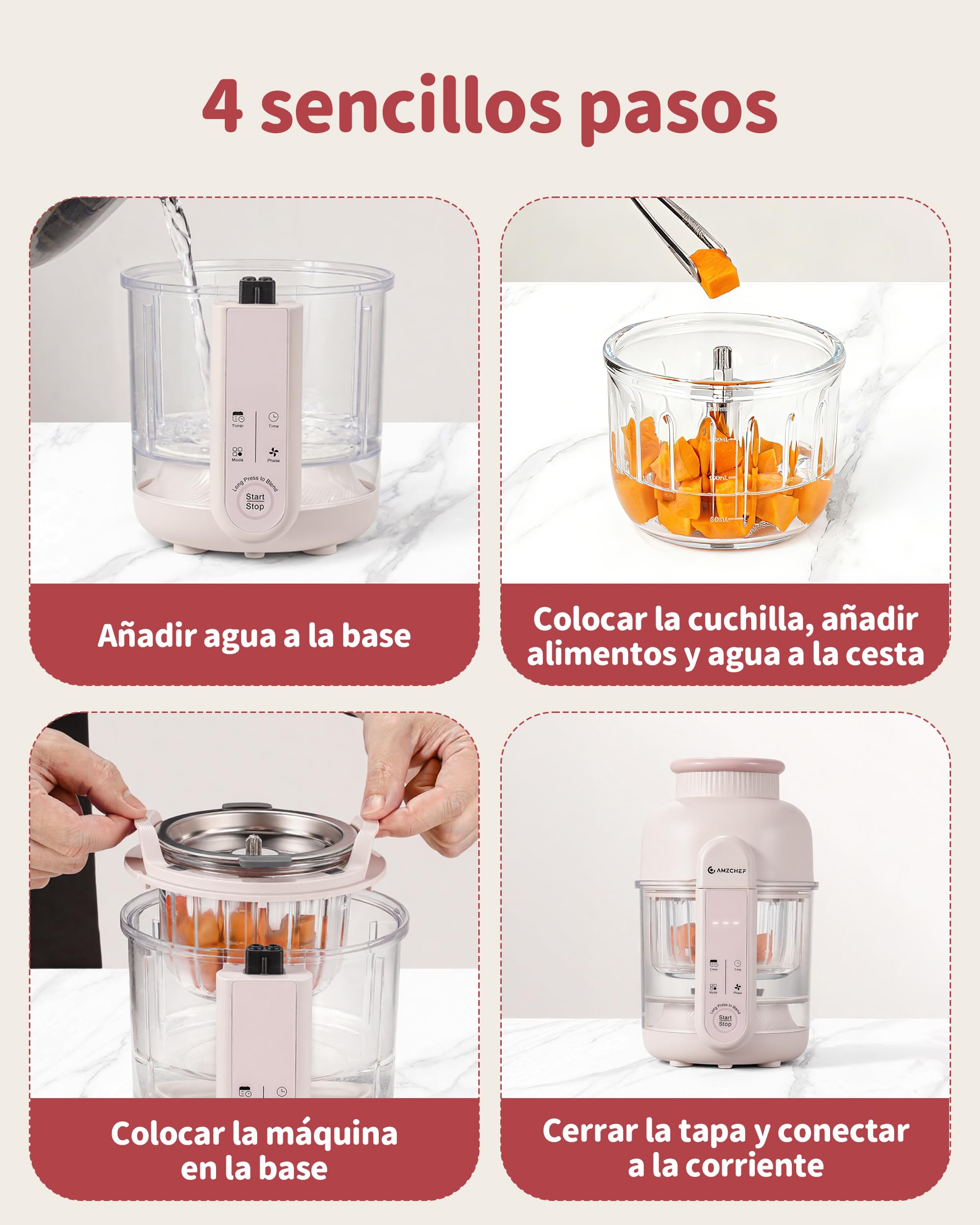 AMZCHEF Robot de cocina para bebé 6-en-1 Vaporera & Licuadora – Programas por Etapas de Edad 1–5, Libre de BPA – Cocinar al Vapor, Triturar, Puré, Descongelar, Auto-Limpieza – Control Táctil