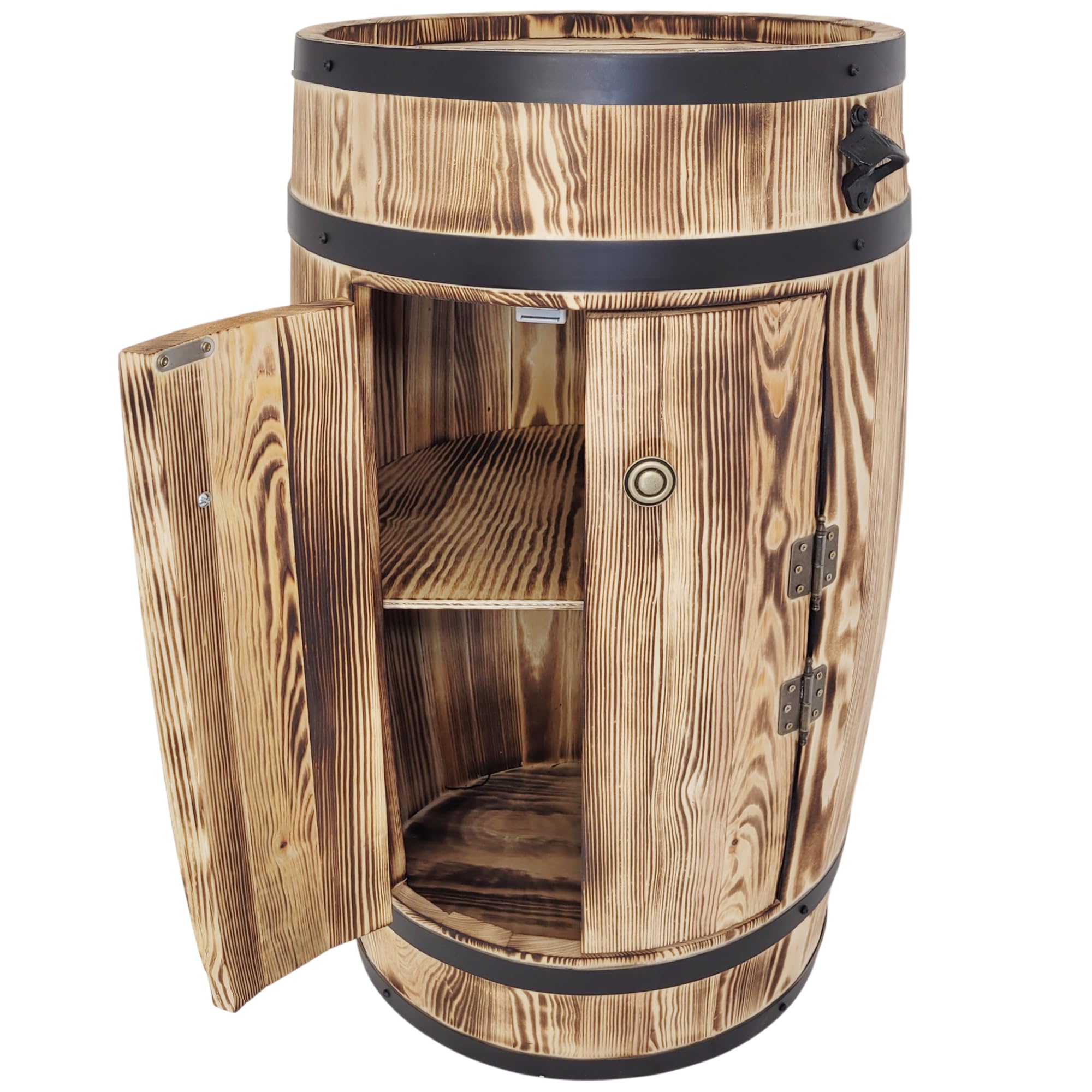 weeco Barfass aus Holz mit RGB LED Beleuchtung, Türen und Regal – rustikales Alkoholmöbel zur Aufbewahrung von Flaschen – dekoratives Fass für Wohnzimmer 80x50x44 cm