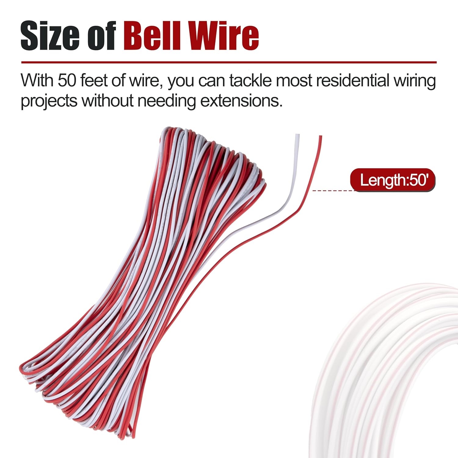 Door Bell Wire,50Ft, 24/2 AWG, Suitable for Low-Voltage Applications Such as Garage Door Wire,Smart Switches,Doorbells, Intercoms, Thermostat Controls, Anti-Theft Alarms, etc
