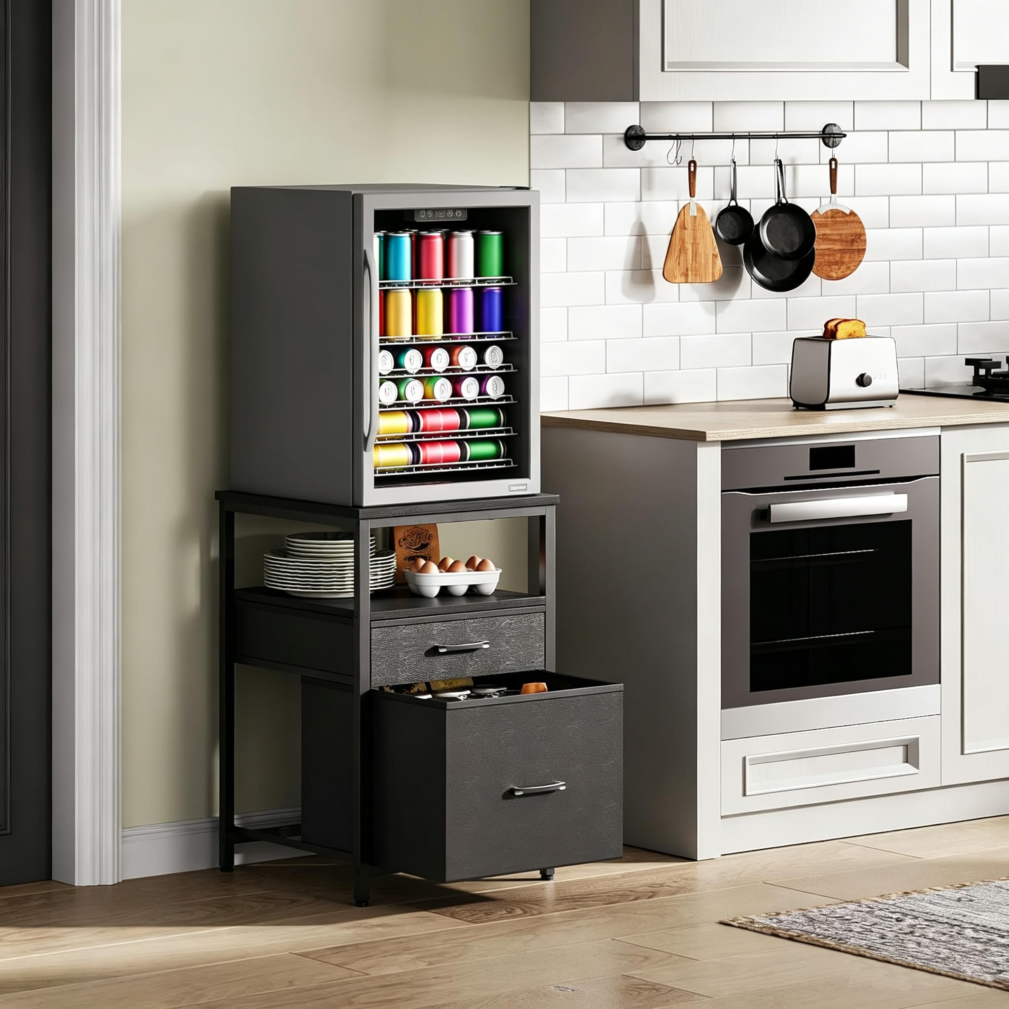 Herture Mini Fridge Stand with 3 Storage, Mini Fridge Cabinet, Beverage Fridge Table, Heavy Duty 46cm L * 46cm W Tabletop, for Dorm, Apartment,Office, Bedroom Black HB03BXB