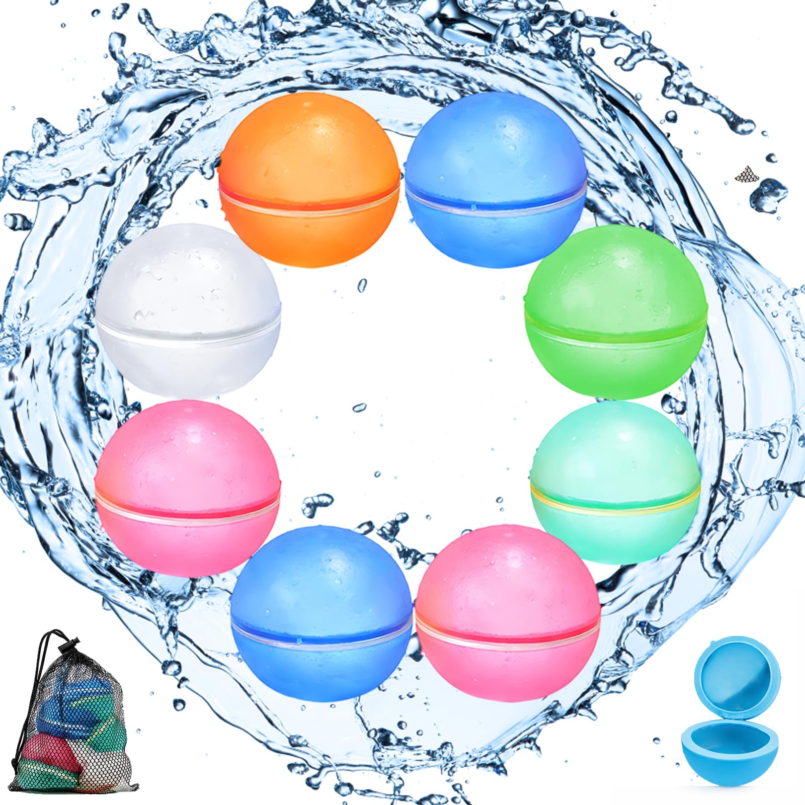 8Pcs Reusable Water Balloons, Water Bombs, Set of 8 Silicone Splash Balls with Secure Snap Lock, Outdoor Garden Play Water for Summer Fun, Multi-Colour Pack with Storage Mesh Bag