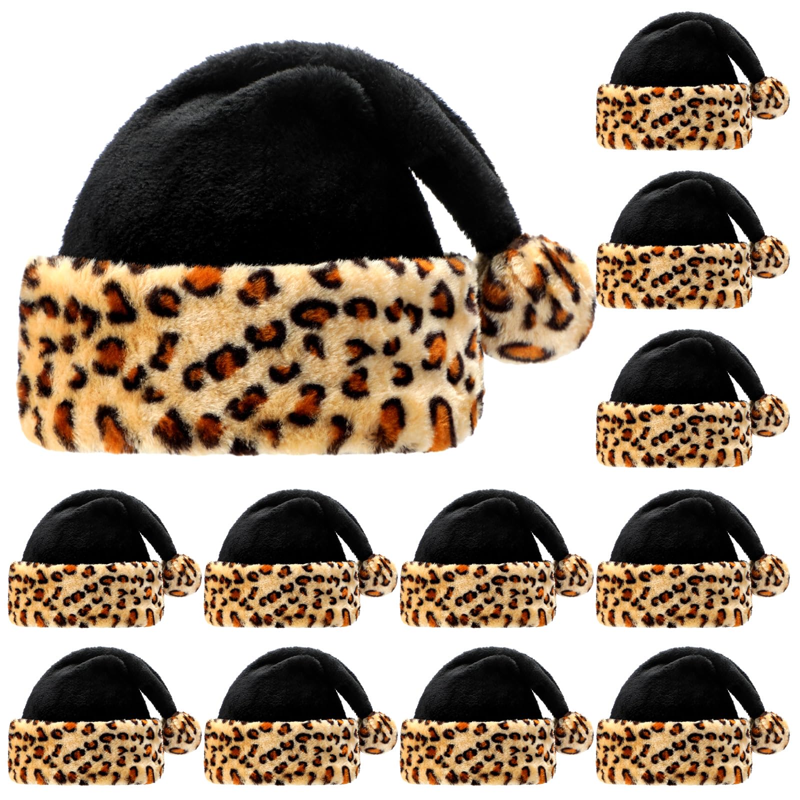 Liitrsh 12 Pieces Christmas Plush Santa Hat Furry Leopard Print Santa Hat with Lining and Plush(Black)