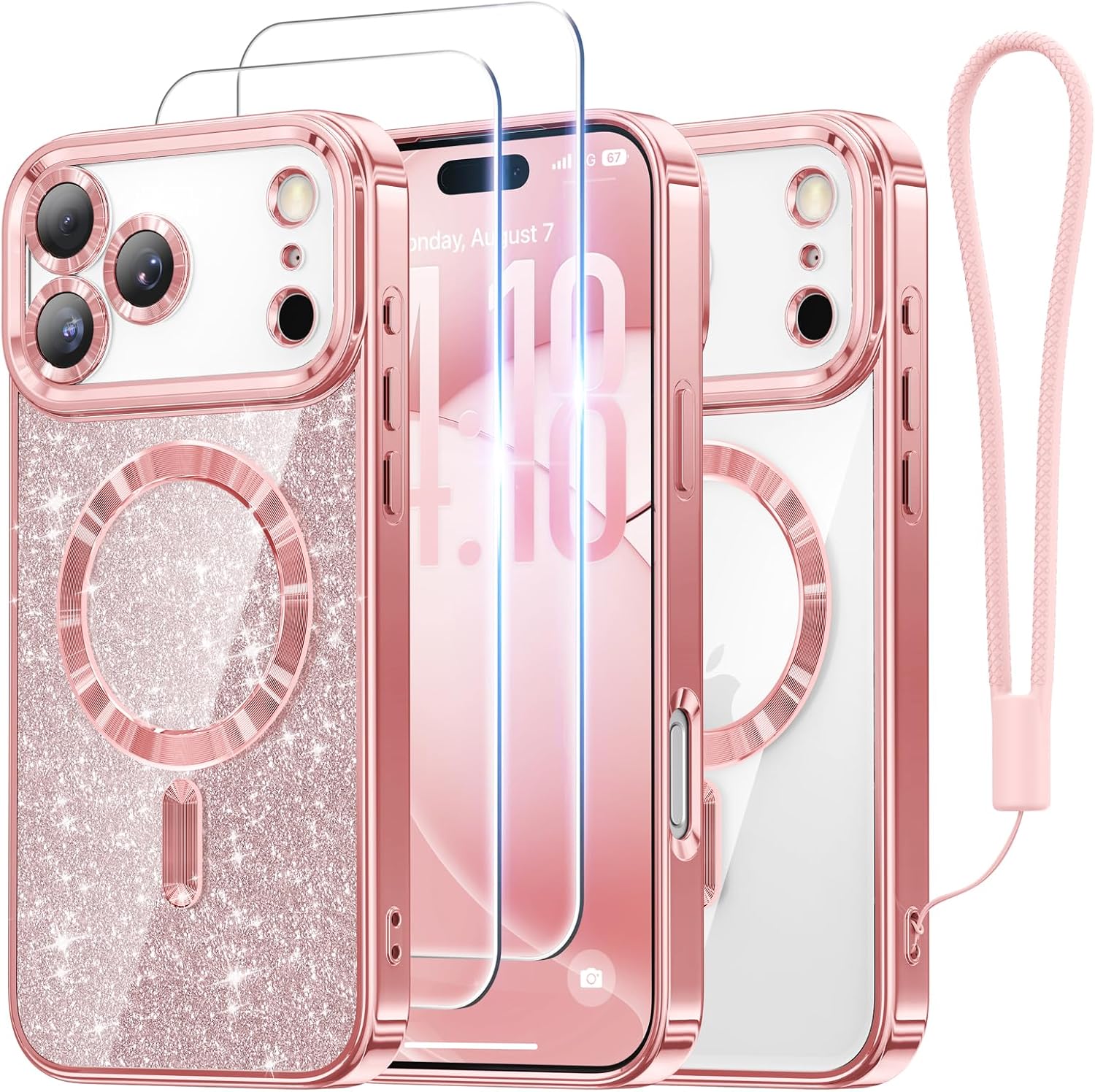 Product image of Meifigno Designed for iPhone 17 Pro Max Case 6.9", [Glitter Card & Wrist Strap] [Compatible with MagSafe] [2X HD Screen Protectors] Surround Raised Lens Protection for 17 ProMax Phone Case, Rose Gold