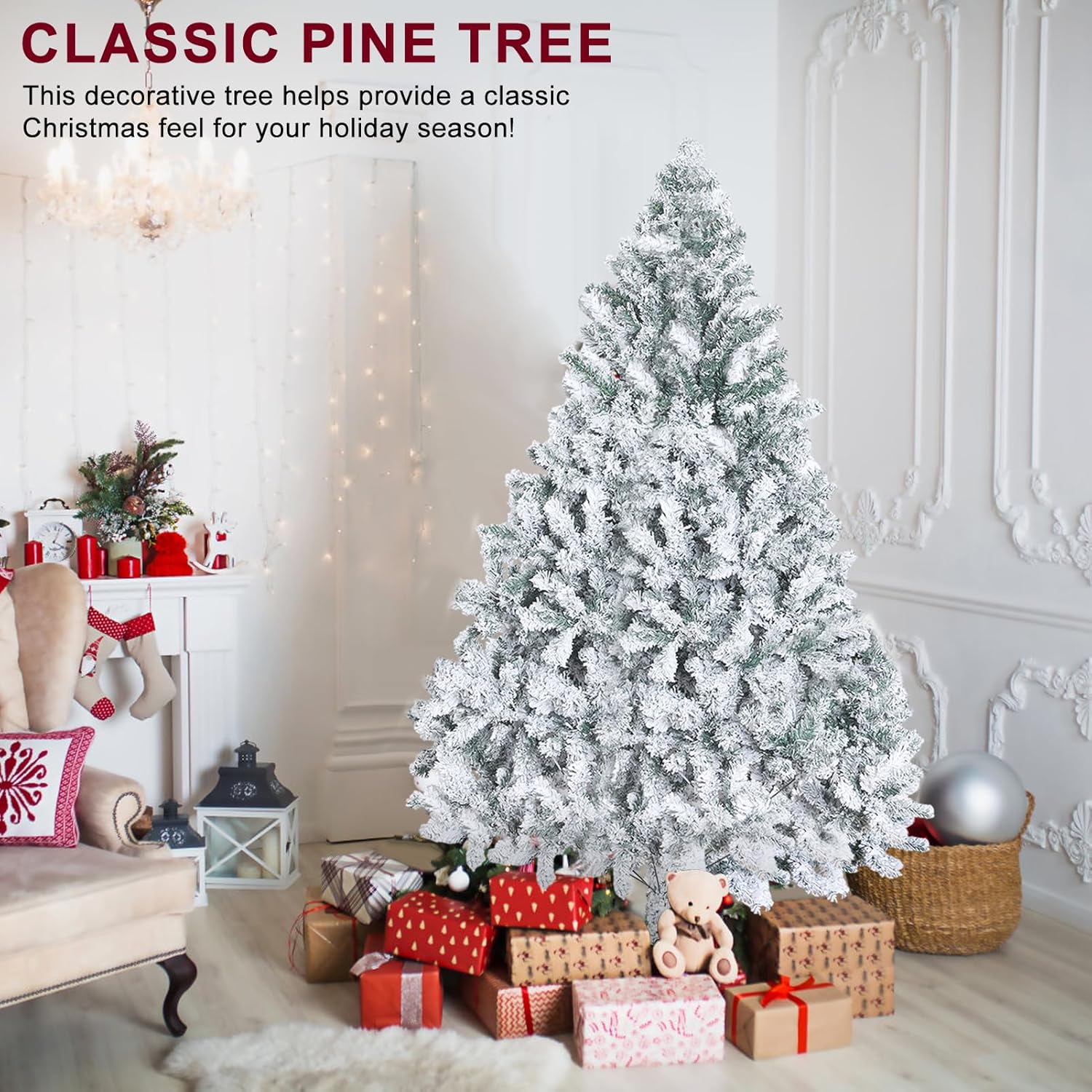 6.9FT Artificial Snow Flocked Christmas Tree, Snowy Hinged Pine Tree Artificial Premium PVC Needles/Solid Metal Stand, Xmas Full Trees for Indoor and Outdoor Holiday Decor Trees for Home (6.9FT)