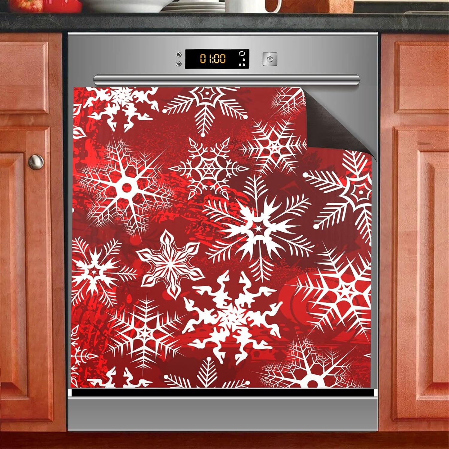 Dishwasher Cover Panel, Christmas Snowflakes Xmas Red Refrigerator Cover