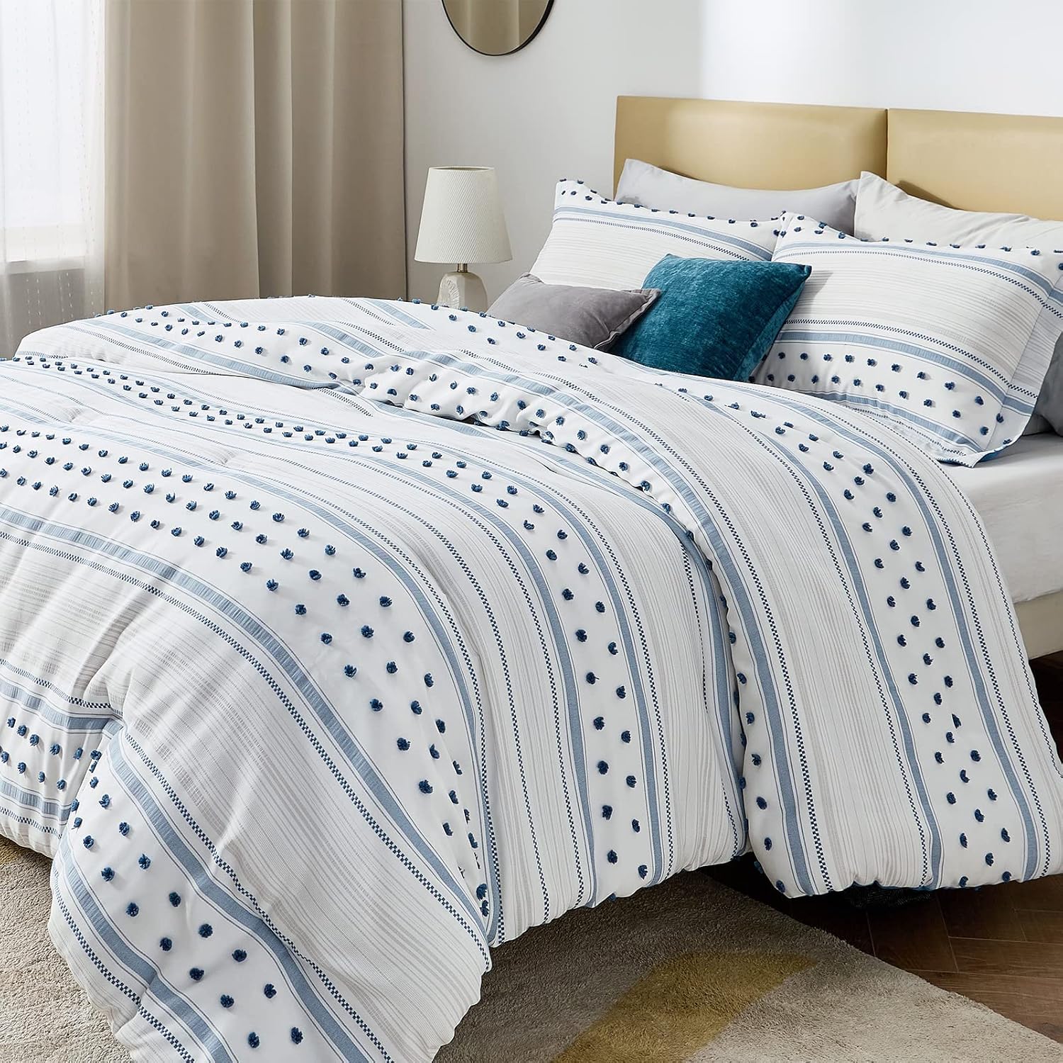 Bedsure King Size Comforter Set 3 Pieces - Blue Tufted Comforter Set King Size, Boho Comforter Set King Reversible White Striped Tufted Farmhouse King Size Comforter Sets (102x90 inches, 3 Pieces)