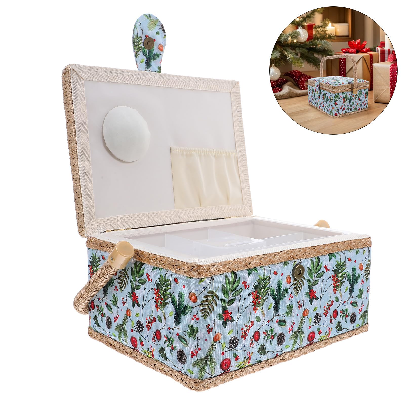 Cesta Navideña para Costura Gran Capacidad, Diseño Portátil y Bordado Elegante, Caja Organizadora de Hilos y Accesorios para Uso en Casa o Viaje