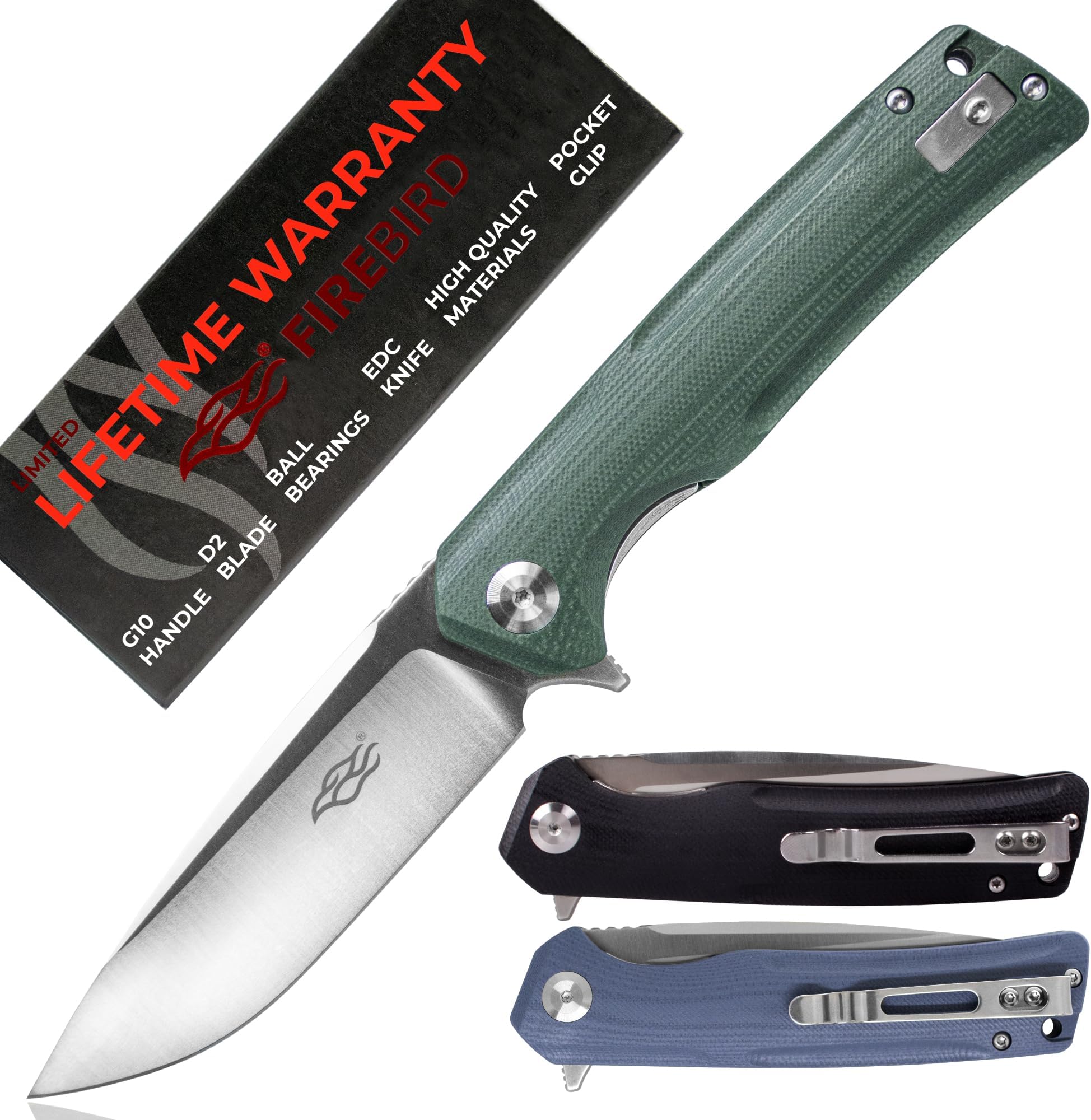 GANZO FH91-GB Ball Bearing Pocket Folding Knife D2 Steel Blade Ergonomic G10 Anti-Slip Handle with Clip Camping Fishing Hunting Outdoor Flipper EDC Pocket Knife (Green)