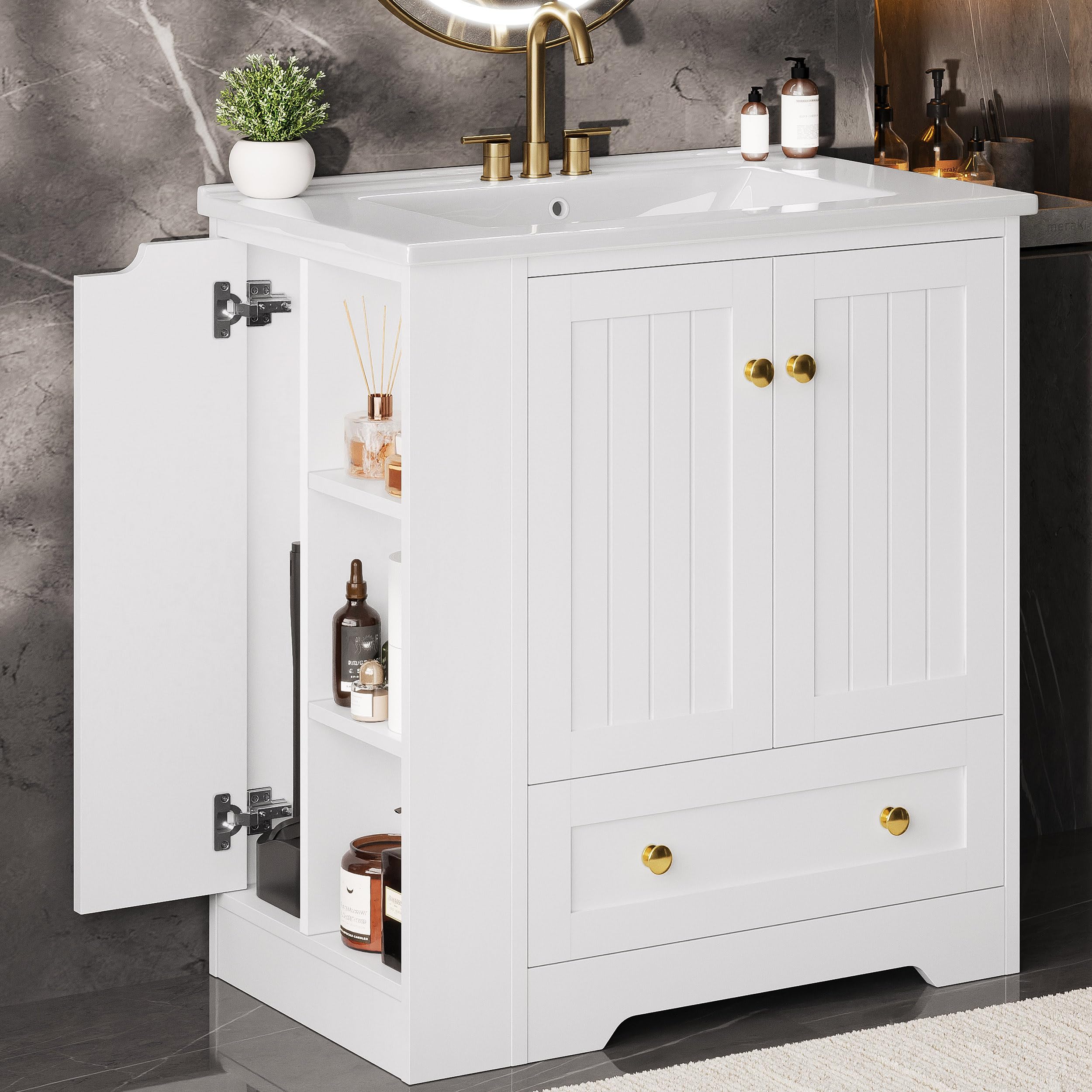 IRONCK Bathroom Vanity with Ceramic Sink, 30' Bathroom Cabinet, White