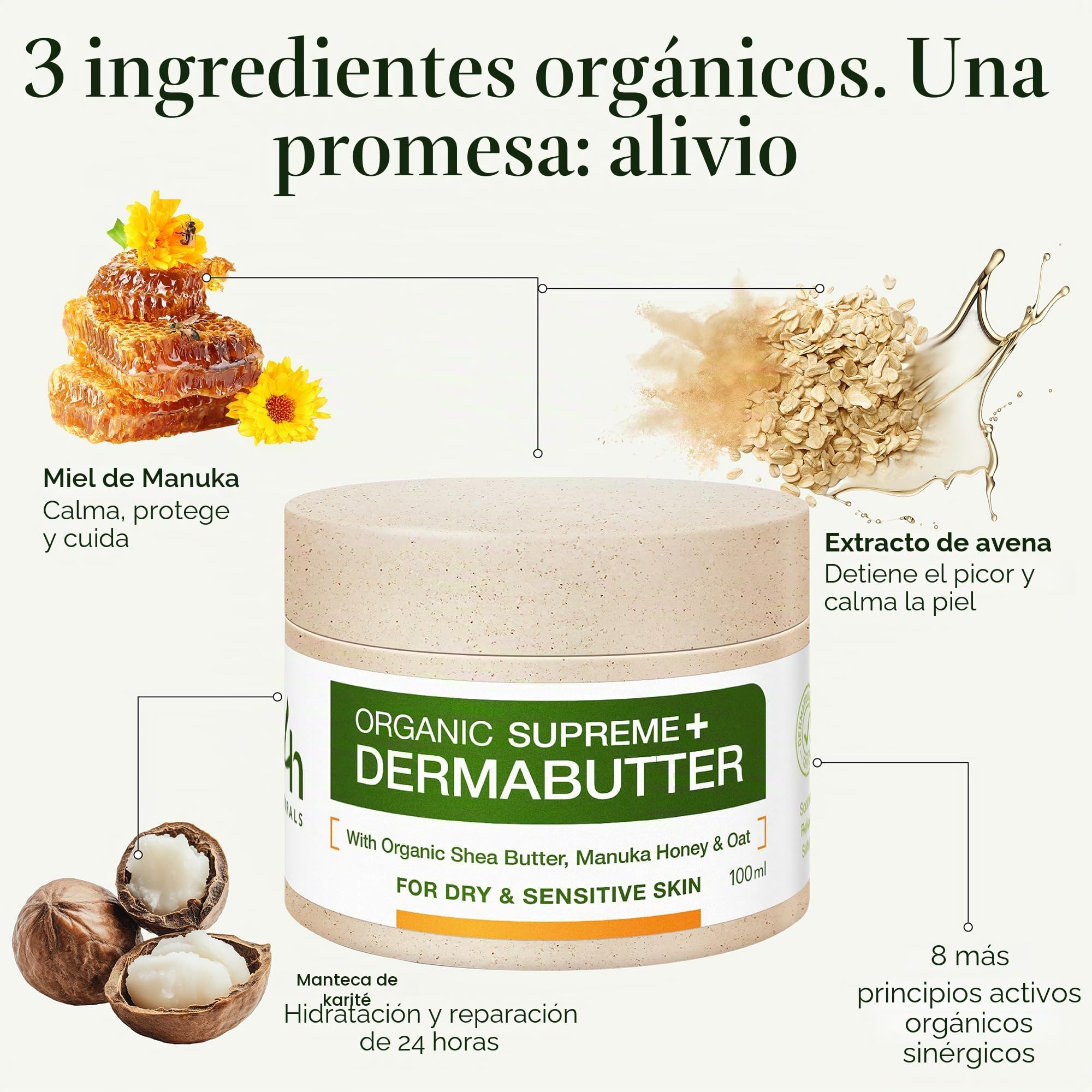 Mantequilla reparadora de avena de Manuka orgánica, bálsamo de cuidado intensivo con propóleos, caléndula y aceite de cáñamo, para pieles secas y sensibles, 100 ml