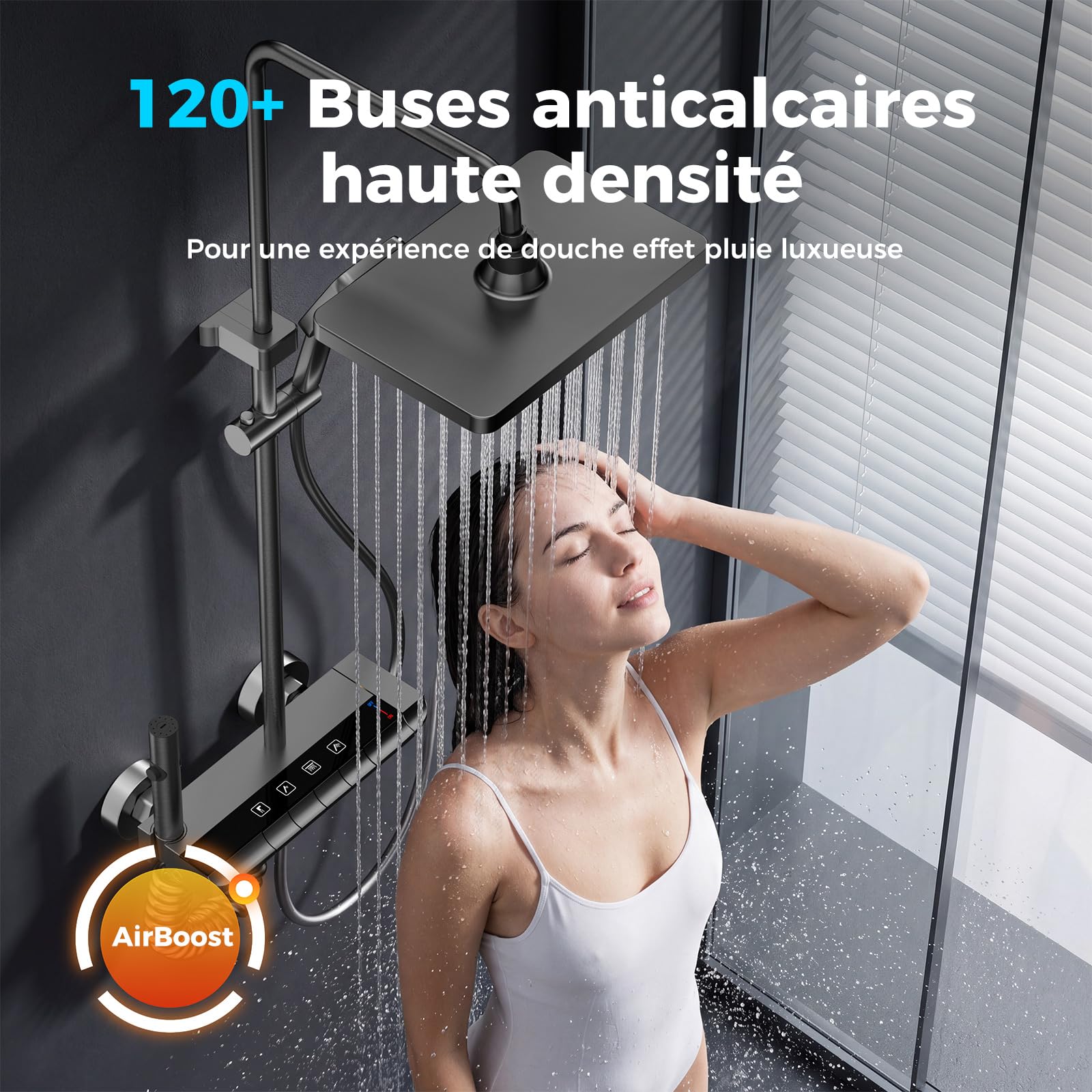 Kit de Robinet de Douche Complet avec Colonne de Douche et Piano | Garniture de Douche Thermostatique Pour Salle de Bain avec Colonne Réglable 85-145cm, 4 Modes de Débit d’Eau, Gris Brossé