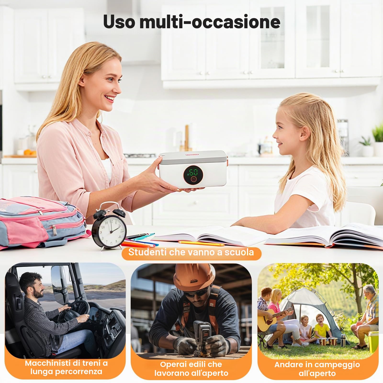 Contenitore per il pranzo elettrico con batteria, senza fili, portatile, riscaldato, 1 l, in acciaio inox, isolato e autoriscaldante, 6 temperature e 6 timer, per ufficio, picnic, auto, esterno