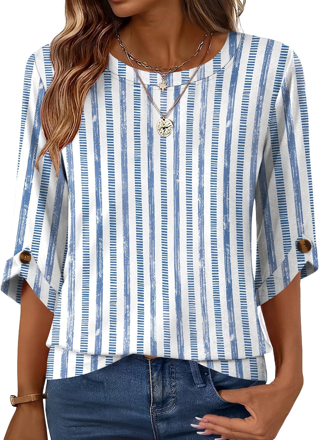 Blingfit Womens 3/4 Sleeve Crew Neck Tops Business Casual Basic Blouses