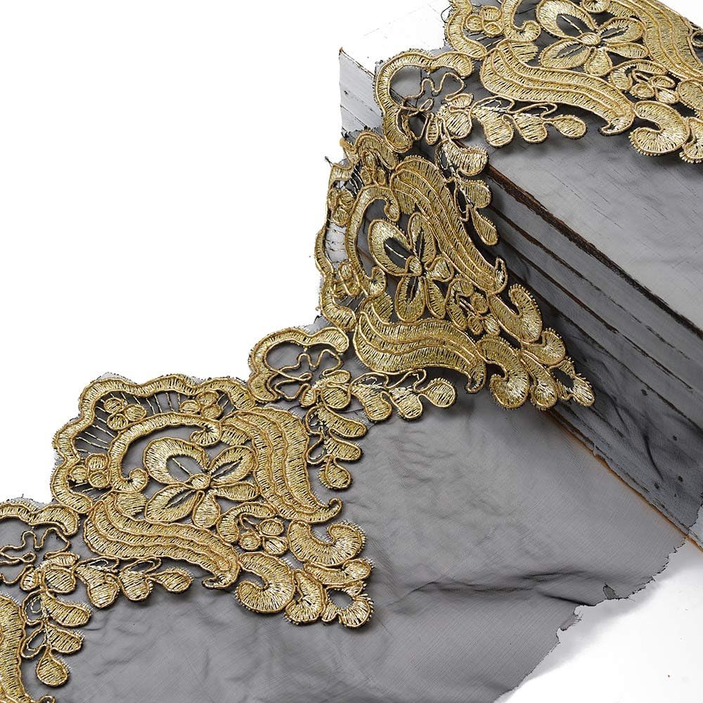 Metallic Gimp Embroidery Ribbon Lace Trim for Bridal, Apparel, Home décor, 5 Inch by 1 Yard, Gold/Black, LP-LC-218