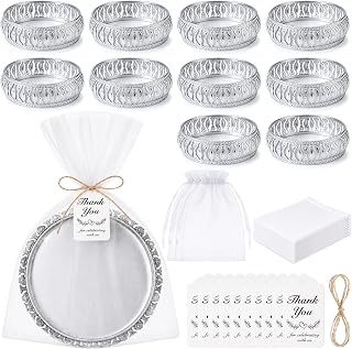 10 Pcs German Silver Plated Trays Bulk, Indian Return Gift Favor | Pichwai Decorative Serving Tray with Organza Bags, Thank You Tags, Pooja Diwali Housewarming Favor, Wedding Party Supply