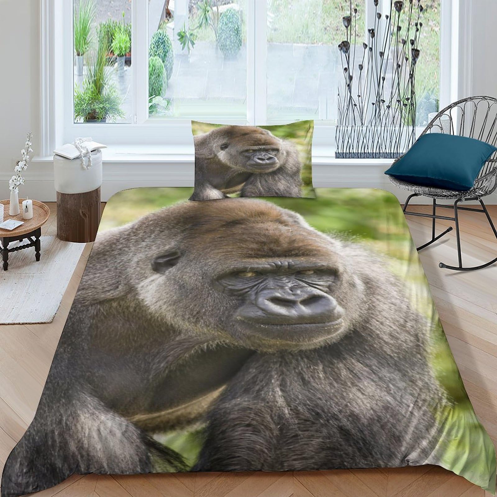 Parure de lit chimpanzé 3 pièces avec couette microfifre et taies imprimées 3D pour chambre