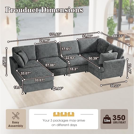 Oversized Modular Sectional Sofa Deep Seat 6-Seater Fluffy Chenille Fabric Corner Couch with Ottoman, 2 Pillows Convertible U Shaped Sectional Couch for Living Room, Apartment, Office, Grey