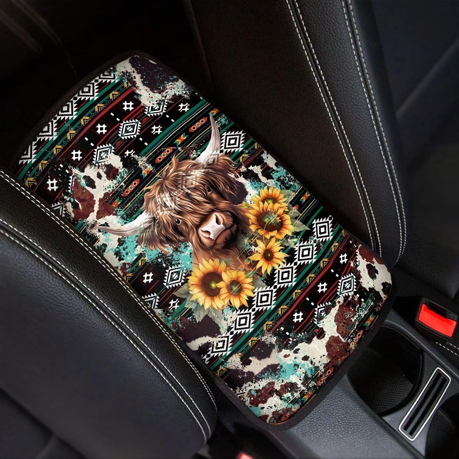Wanyint Aztec Highland Cow Sunflower Auto Center Console Armrest Pad Theme Seat Box Cover Universal Fit Car Armrest Cover Cushion Mat for Sedan, Van, SUV