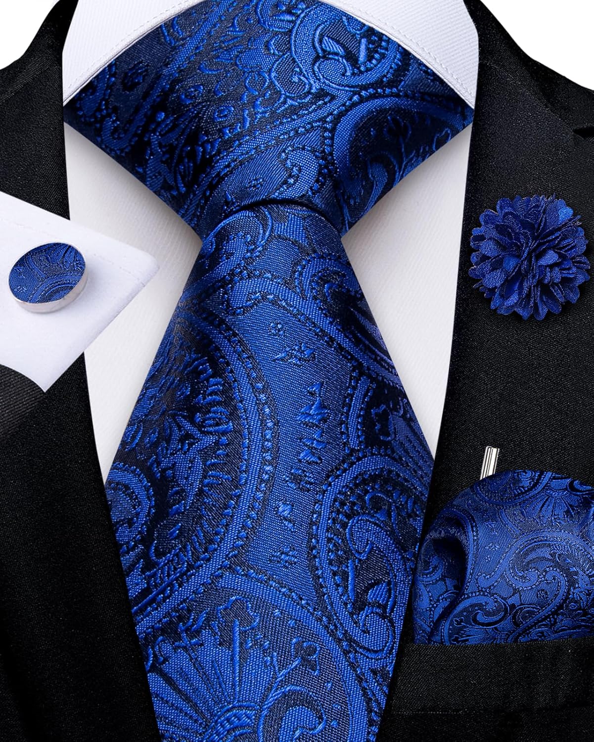 DiBanGu Mens Zipper Tie,Silk Paisley Solid Plaid Pre-tied Tie and Pocket Square Set Formal Adjustable Necktie with Lapel Pin - Image 2