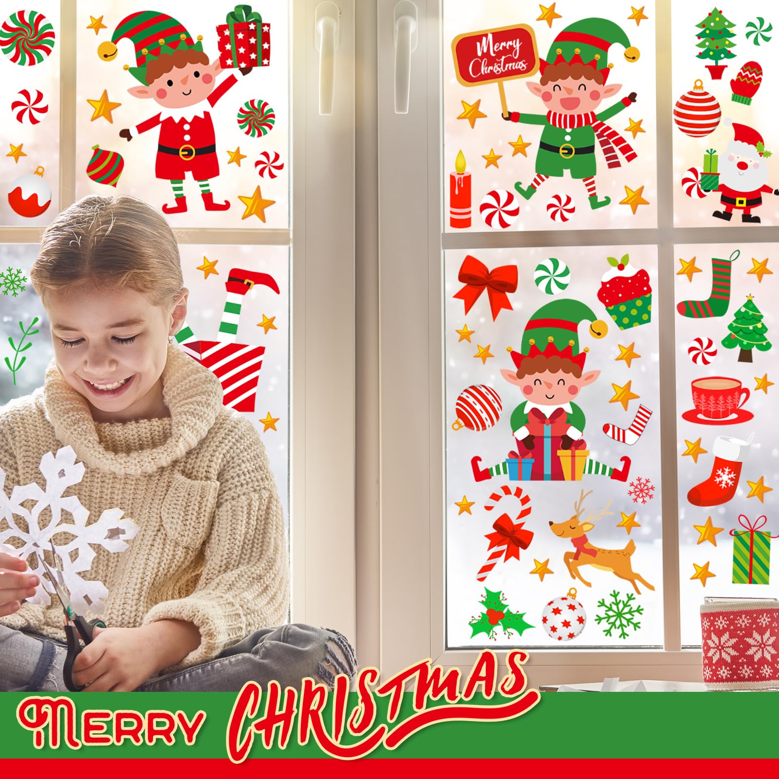 131 Stück Weihnachts-Wandaufkleber, 6 Bögen, Weihnachts-Fensteraufkleber, Weihnachtsdekoration, Elfe, Schneemann, Weihnachtsmann, Rentier, Aufkleber, Weihnachtsfensterfolien, Dekorationen