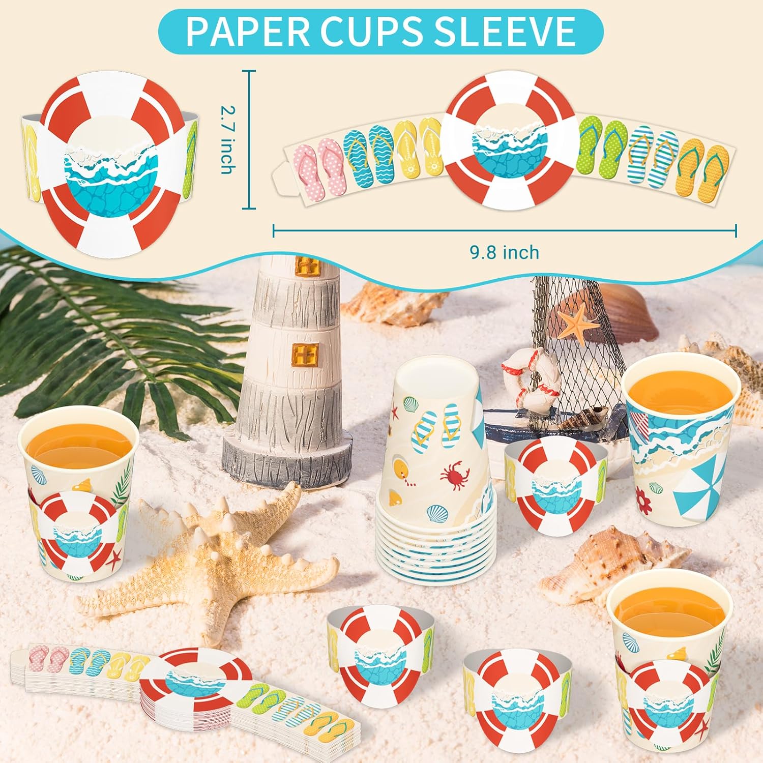 DYLIVeS Summer Beach Party Decorations, Hawaiian Beach Pool Umbrella Flip Flops Paper Plates Napkins Cups, Cup Sleeves, Forks Set Summer Birthday Party Favors Luau Tropical Party Supplies, Serve 24