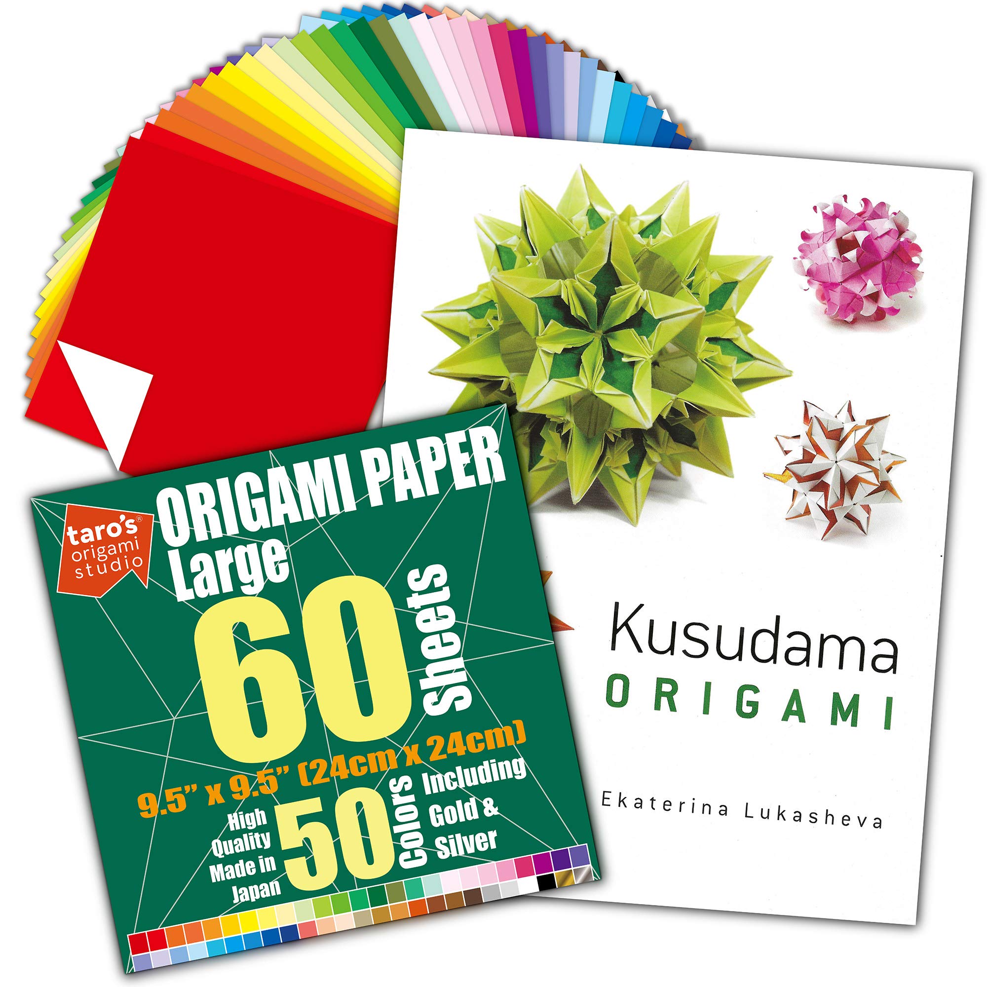 [Taro's Origami Studio] Large 9.5 Inch Origami Paper (Made in Japan) and Kusudama Origami Book Combo