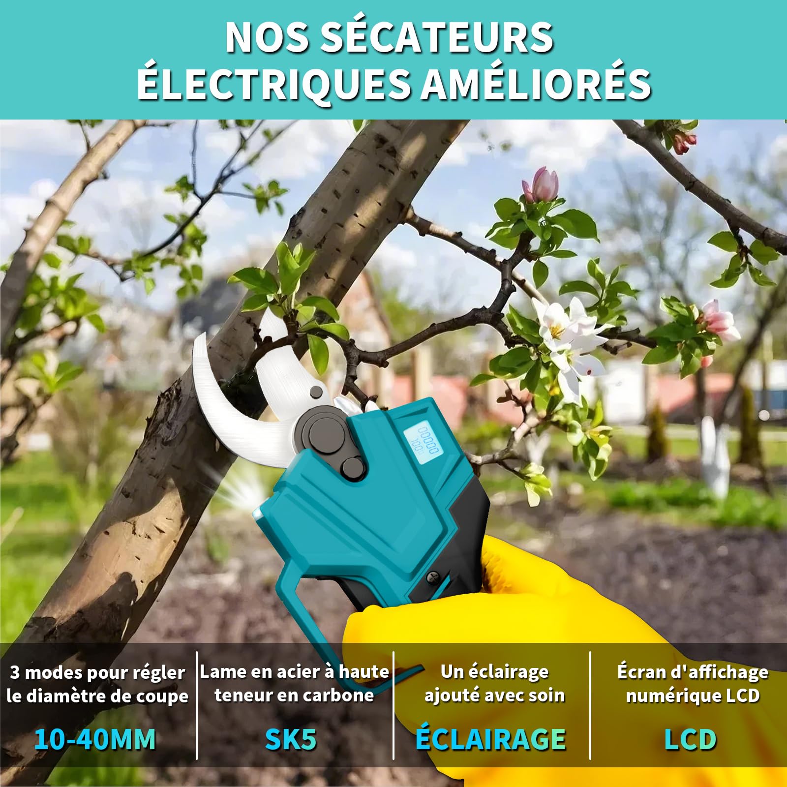 Sécateur électrique sans fil, diamètre de coupe max 40 mm, compatible pour batterie Makita 18 V,Affichage LCD,Moteur brushless, éclairage (sans batterie ni chargeur) pour le jardin
