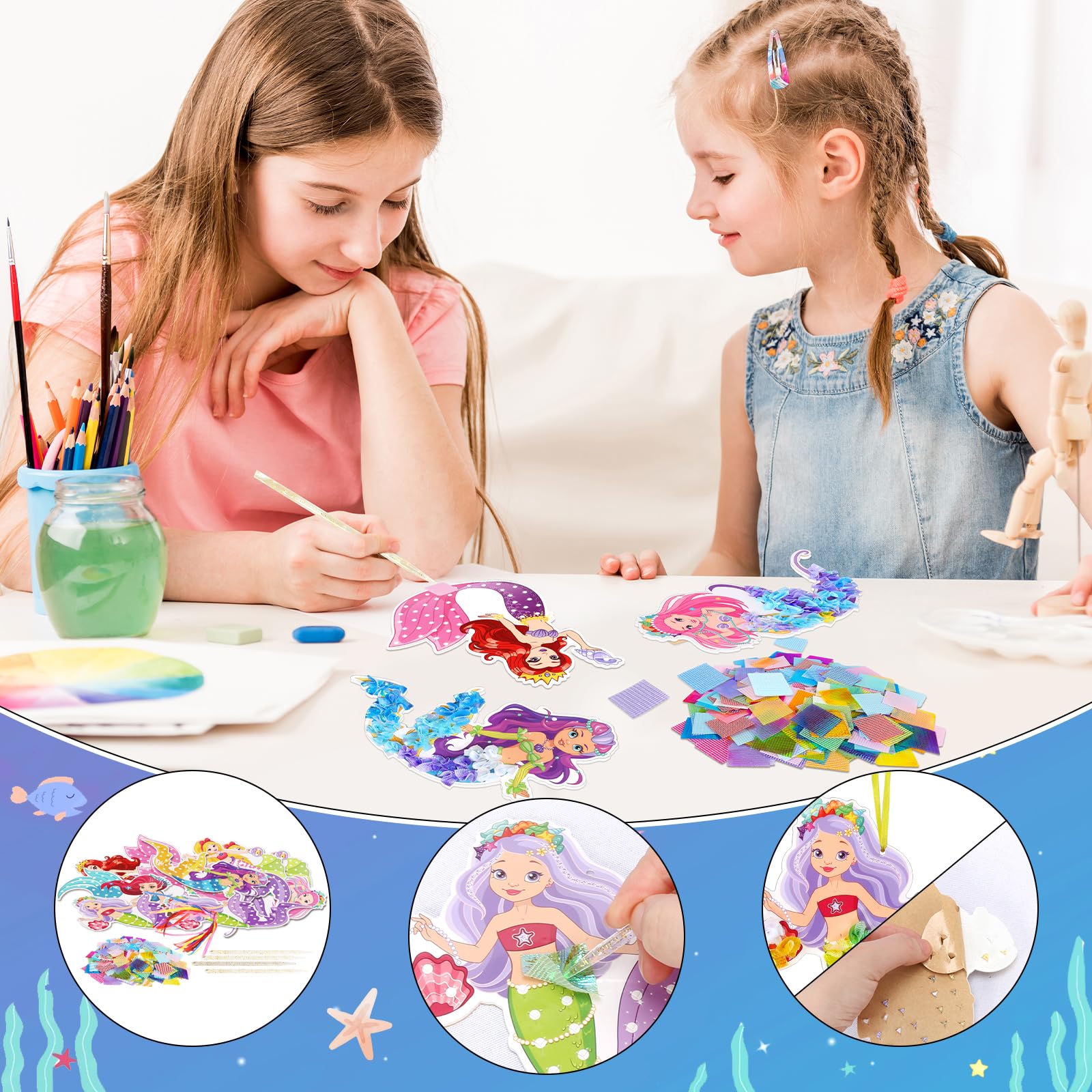 MONCAP Kit Poke Art Sirenas 12 Piezas – Manualidades DIY De Espuma Con Telas Brillantes Y Bolígrafos – Juguete Sensorial Y Creativo Para Niños – Regalo Artístico