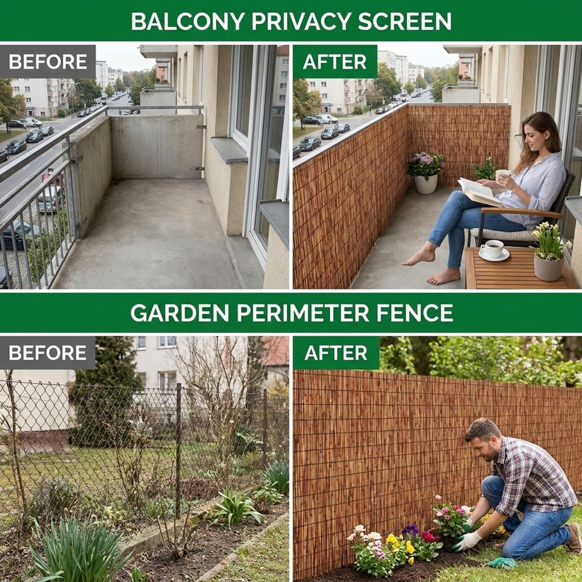 Arella in Bambù Naturale per Frangivista Balcone Terrazzo, Stuoia in Bambù Esterno Frangivento Ombreggiante 85% Anti-UV per Giardino Copertura Privacy Piscina, Marrone(122x610cm(4x20ft))