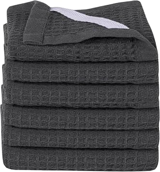 WHITEWRAP Premium Cotton Classic Waffle Weave Kitchen Dish Cloths, 12x12 Inch Ultra Absorbent Lint-Free Dish Towels, Fast Drying Dishcloths for Washing Dishes, 6 Pack, Grey