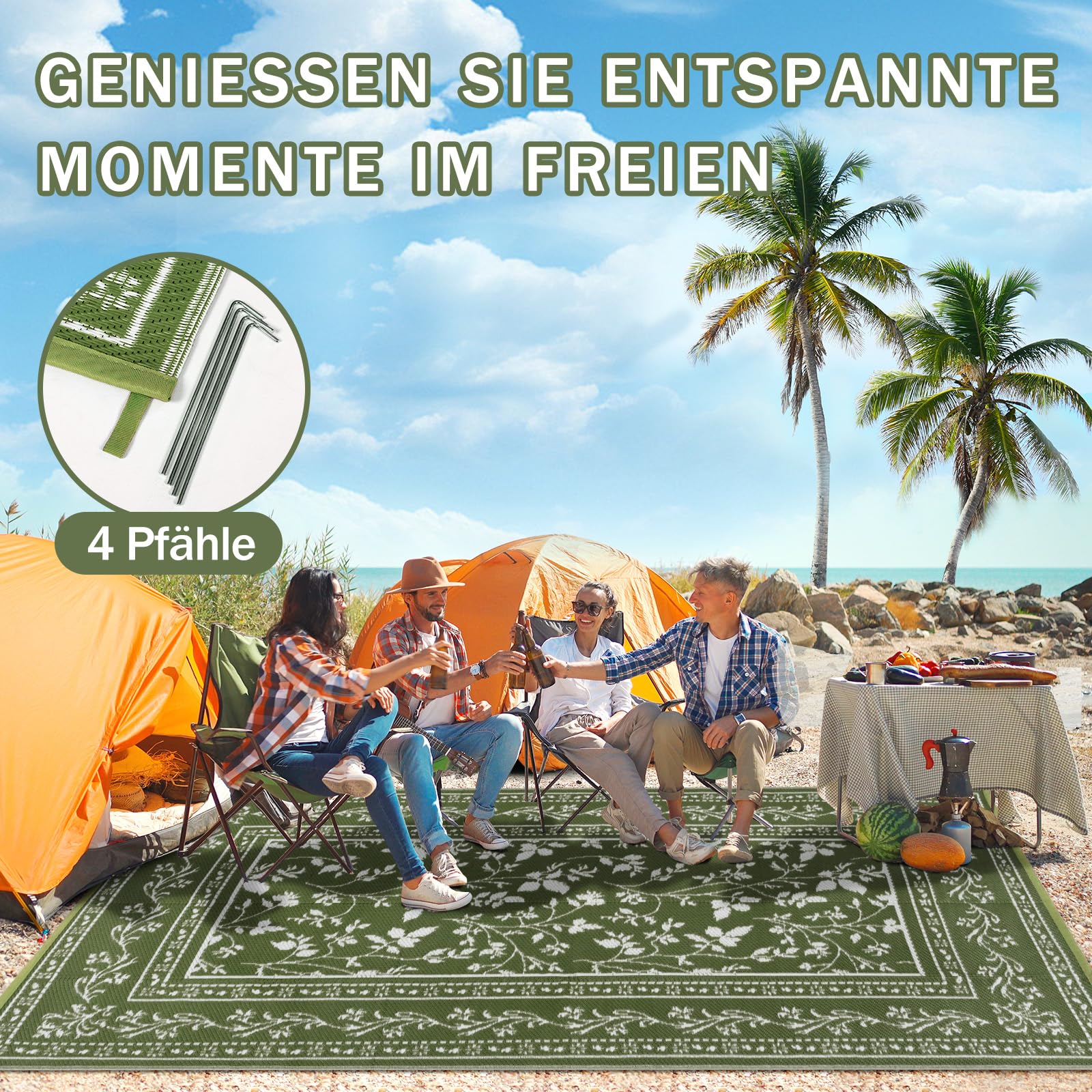 Grün Outdoor Teppich Wetterfest 150x245cm, Wendbarer Balkon Teppich, Outdoorteppich Matte Kunststoff Teppiche, Wasserdichter Außenteppich, UV-Beständige Camping Teppiche für Terrasse Garten RV