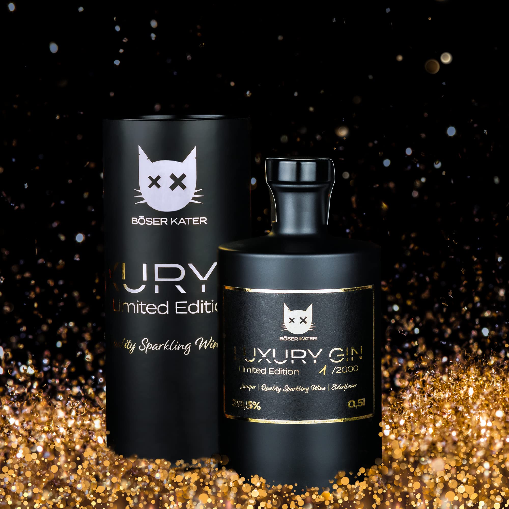 BÖSER KATER Luxury Gin in hochwertiger Flaschendose | Limited Edition 0,5l | Wacholder trifft Qualitätsschaumwein | Limitiert auf 2000 Flaschen weltweit | Von Hand in Gold beschriftet 39,5% vol.