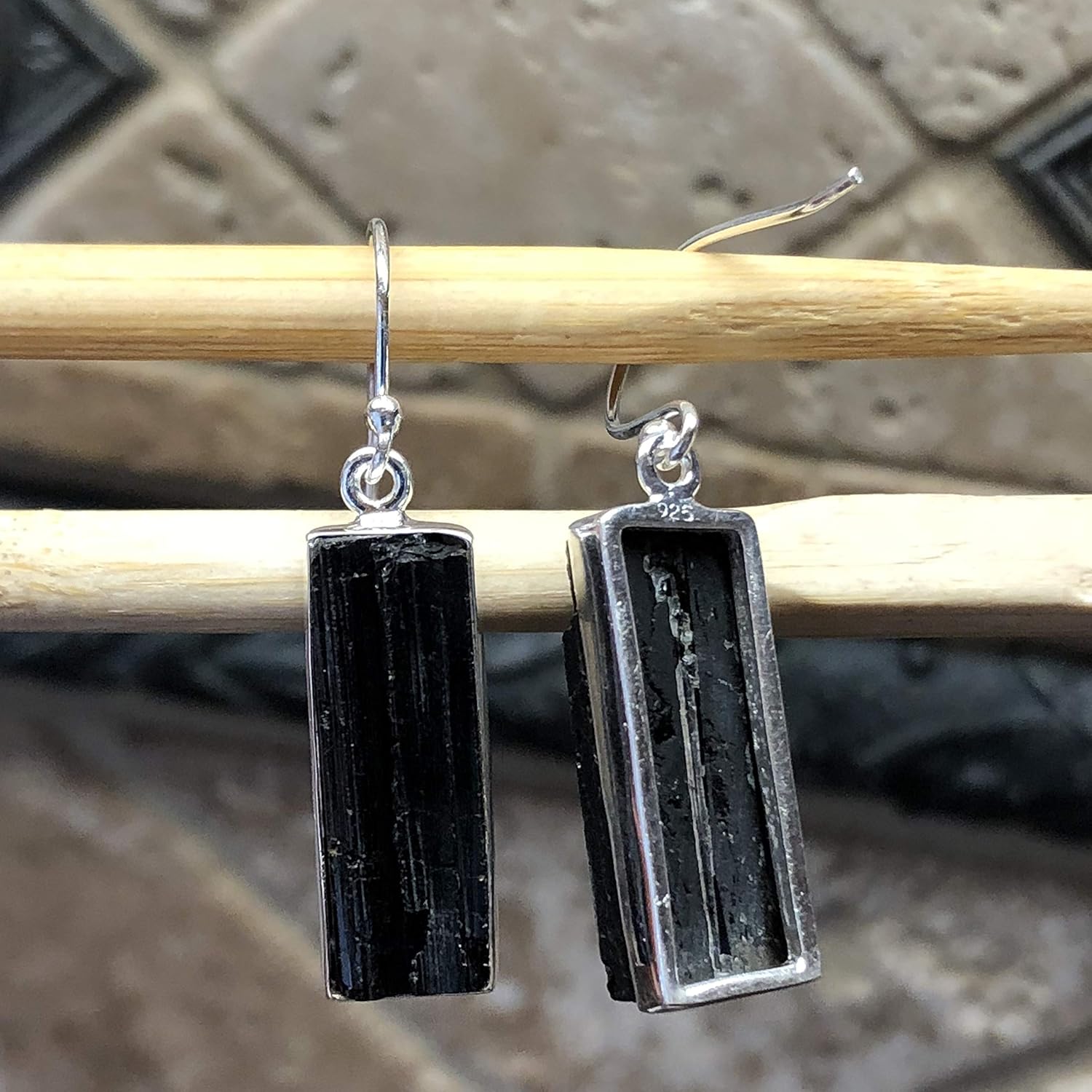 Genuine Black Tourmaline 925 Sterling Silver Earrings 40mm - Image 2