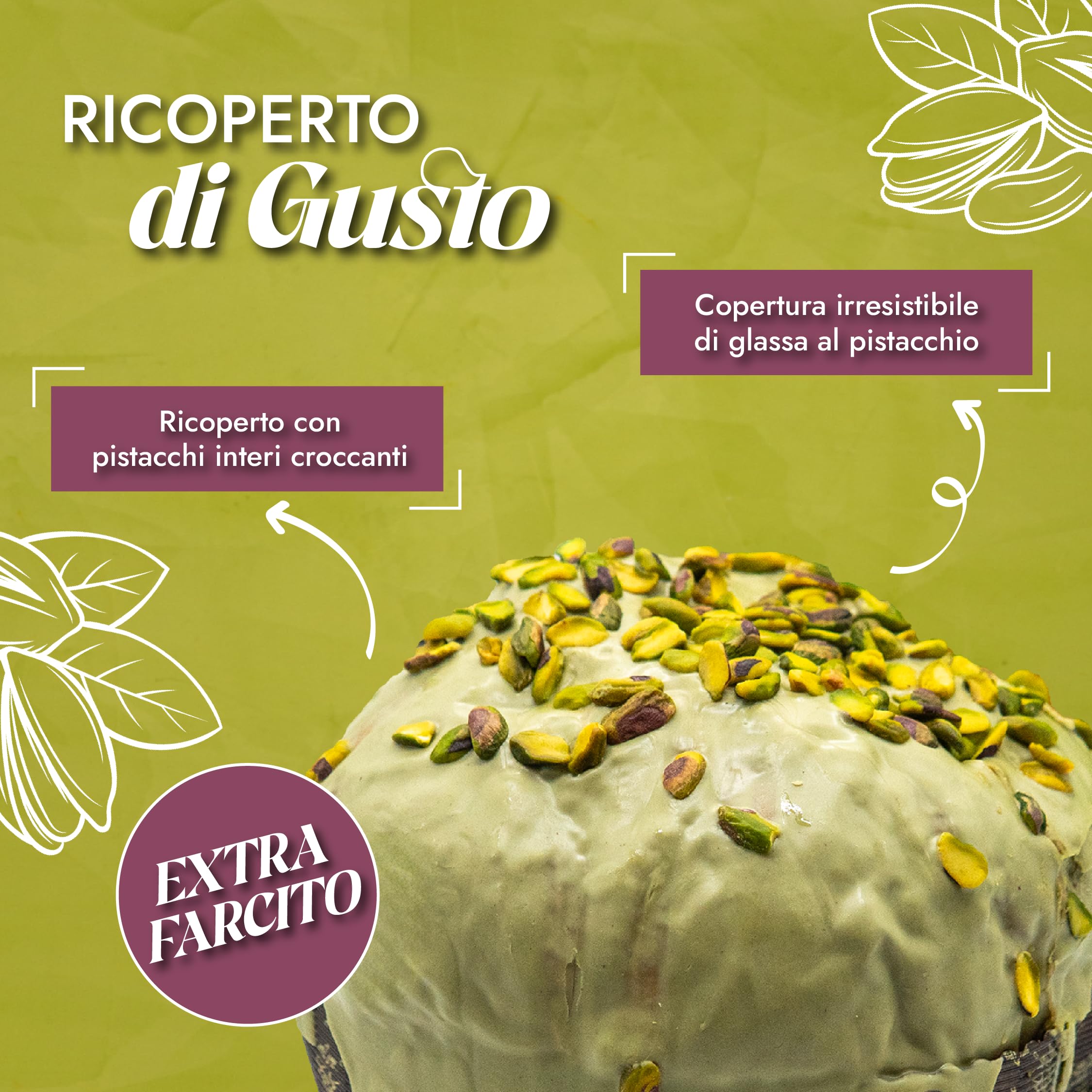 RACILIA Panettone Artisanal à la Pistache avec garniture EXTRA 500g | Avec crème de pistache et glaçage croquant | Levage lent 36h avec levure mère et ingrédients naturels | 1,5kg