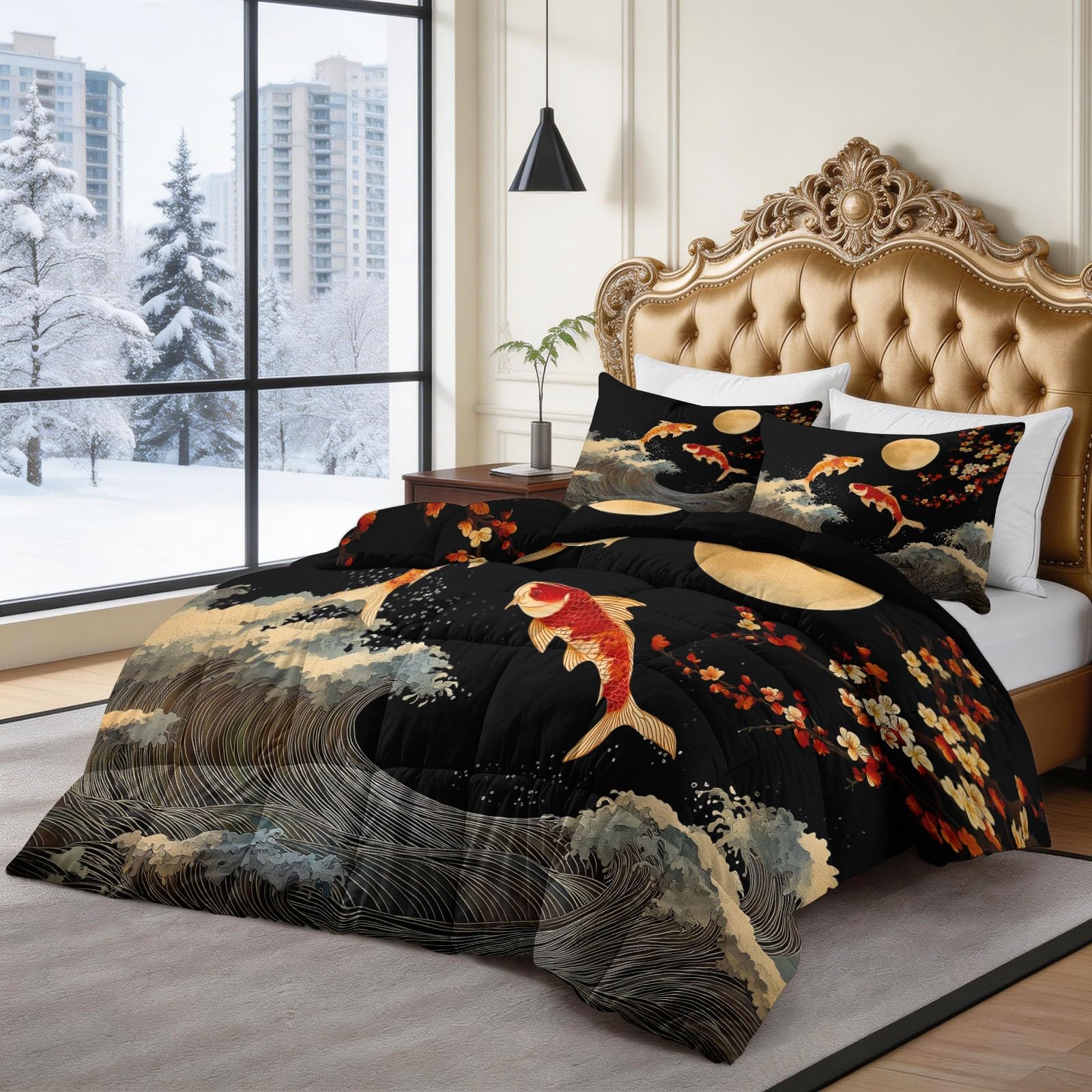 Générique Trapunta 240 x 260 cm reversibile nero, trapunta moderna tradizionale giapponese Carpa Koi stampata 4 stagioni per letto matrimoniale - piumino reversibile Edredon senza fodera leggera calda