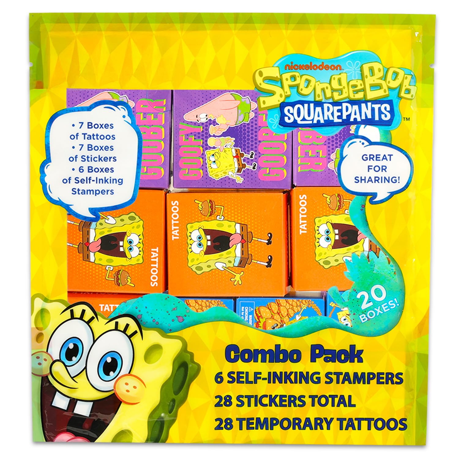 Juego de recuerdos de fiesta de Bob Esponja ~ Paquete con 60 cajas de regalo con calcomanías, tatuajes y sellos para fiestas de cumpleaños infantiles, cajas de premios para el aula de Bob Esponja