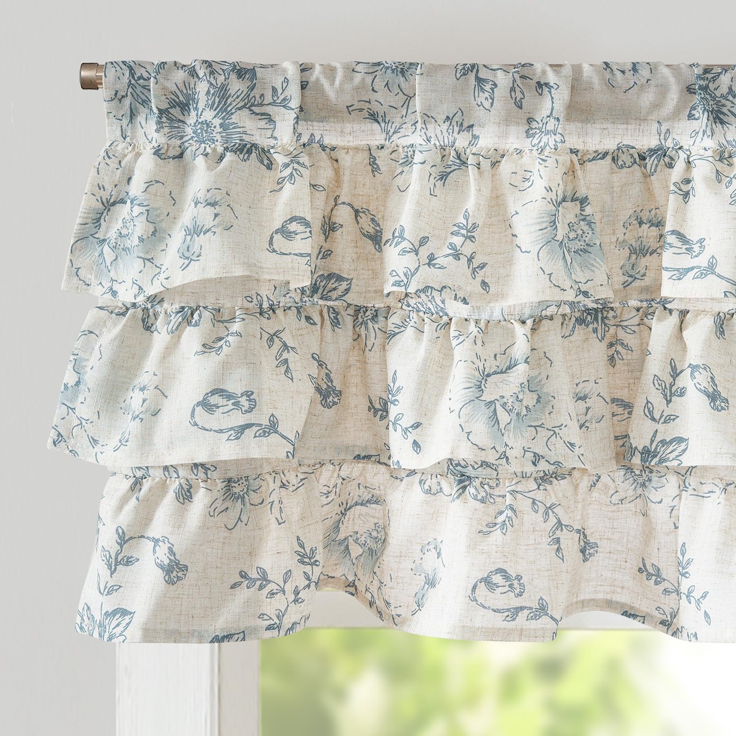 jinchan Ruffled Floral Valance Linen Shabbychic Small Window Curtain 18 Inch Farmhouse Kitchen Valance for Bedroom Living Room Decor Cottage Rustic Window Treatments 1 Panel Blue on Beige 50"W x 18"L (Pack of 1) Floral Blue on Beige