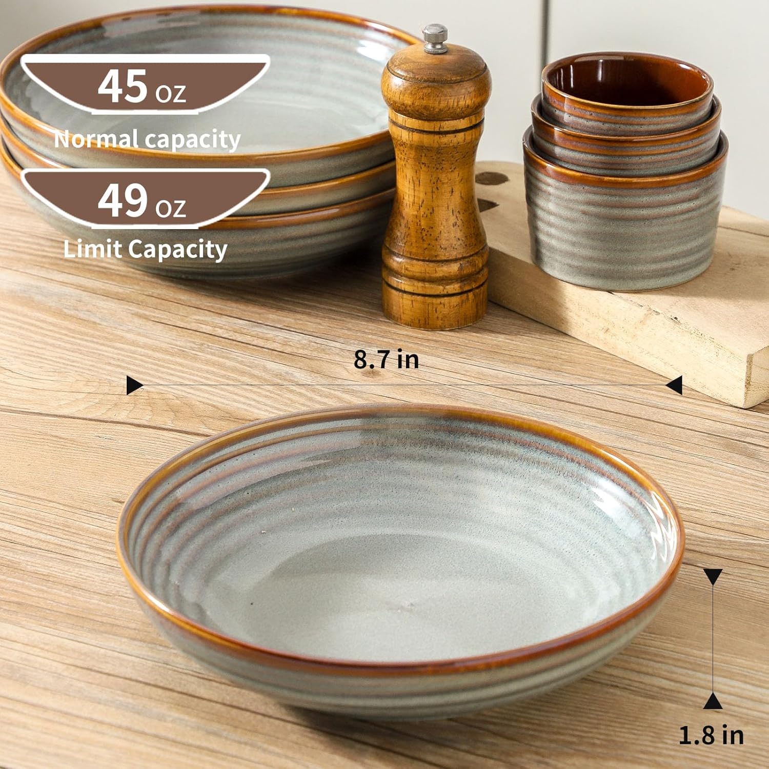 HASENSE Pasta Bowls Set of 4, 32 Ounce Ceramic Serving Bowls for Kitchen, 8.7 Inch Shallow Serving Dishes for Salad, Pasta, Soup, Dishwasher & Microwave Safe, Light Grey