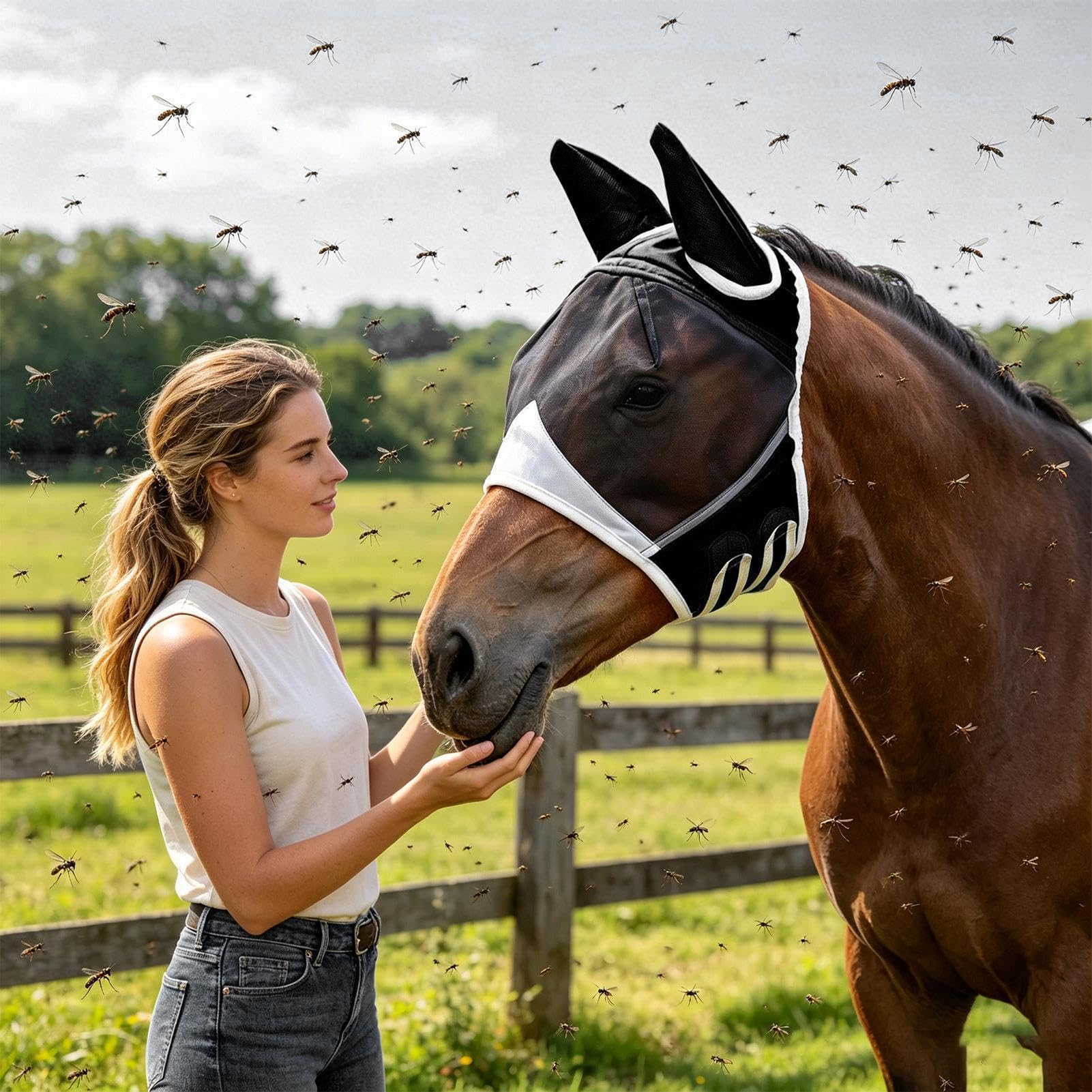Masque Anti-Mouches pour Cheval | Tissu Respirant Protection UV - avec Oreilles Sangle Élastique Large Espace pour Les Yeux Demi-Masque - pour bétail, Vaches, Ferme, Toutes