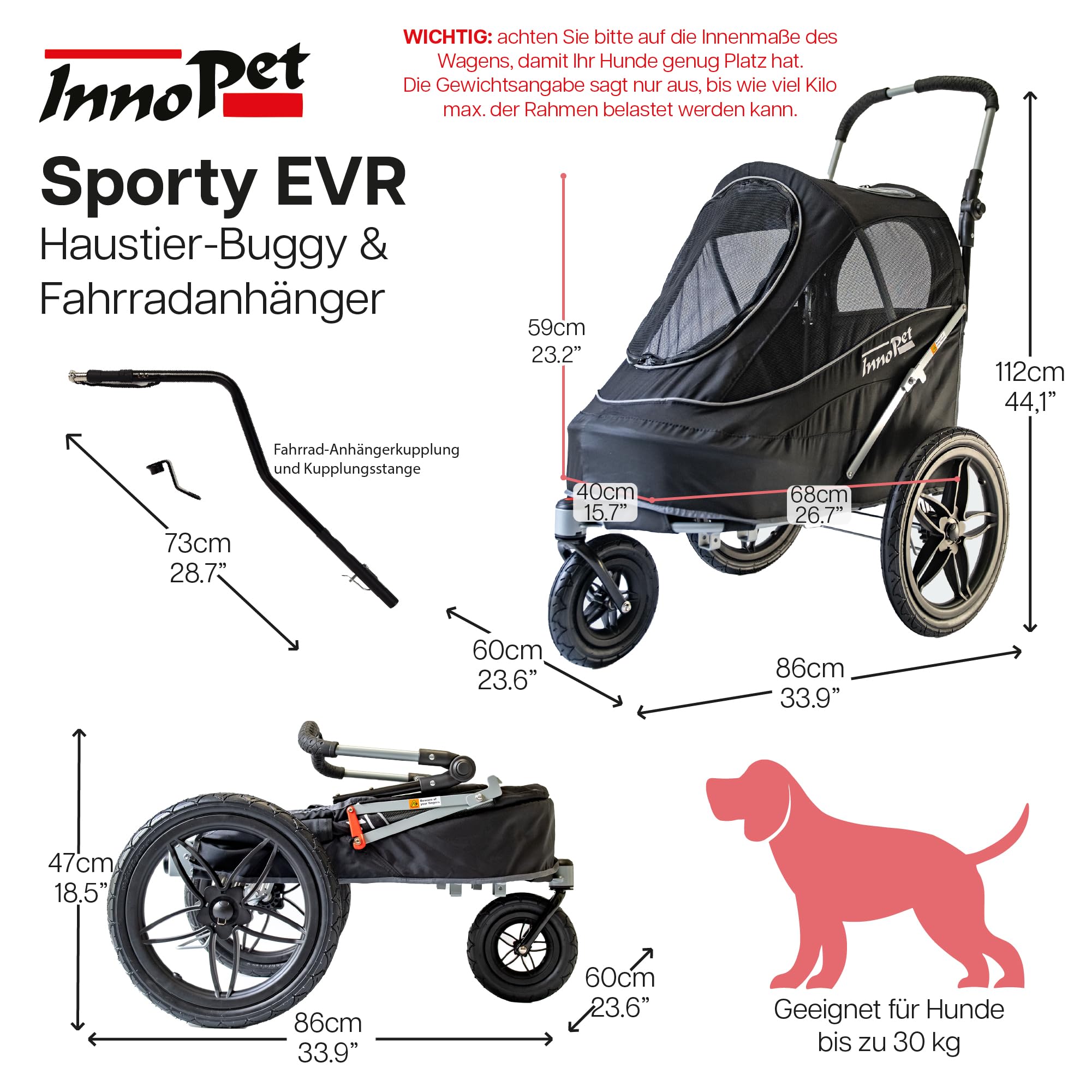 InnoPet Sporty EVR Hundebuggy Hundewagen Trailer - für jedes Gelände - robuste Gummiräder wie Luftreifen - plattfußfrei inkl. Regenhaube - schwarz