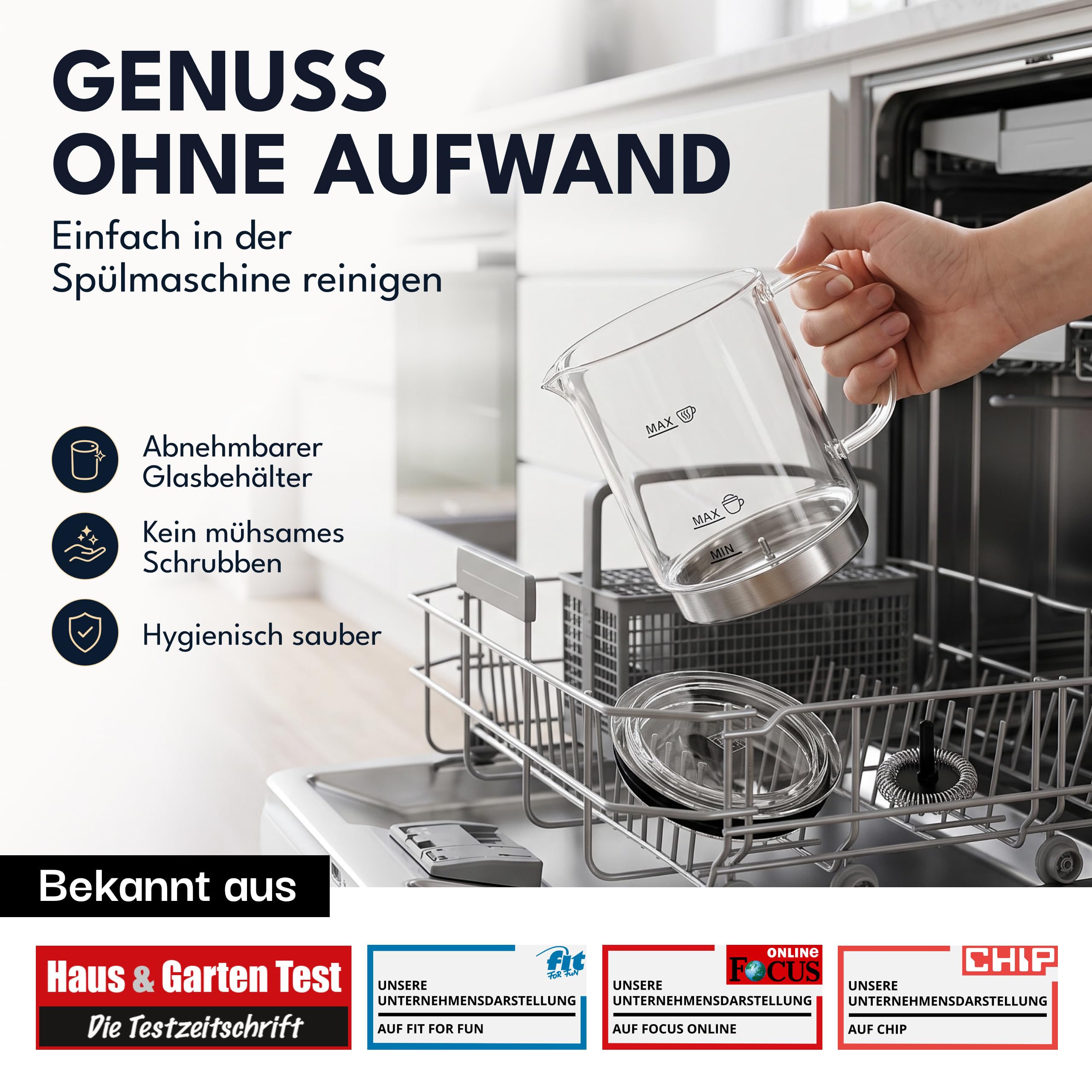 LEBENLANG Milchaufschäumer Glas - 100% BPA-Frei, XXL 500ml & 600W I Abnehmbarer Behälter Spülmaschinenfest Inkl. 2x Ersatzschäumer I Elektrischer Milchaufschäumer elektrisch Milchschäumer elektrisch
