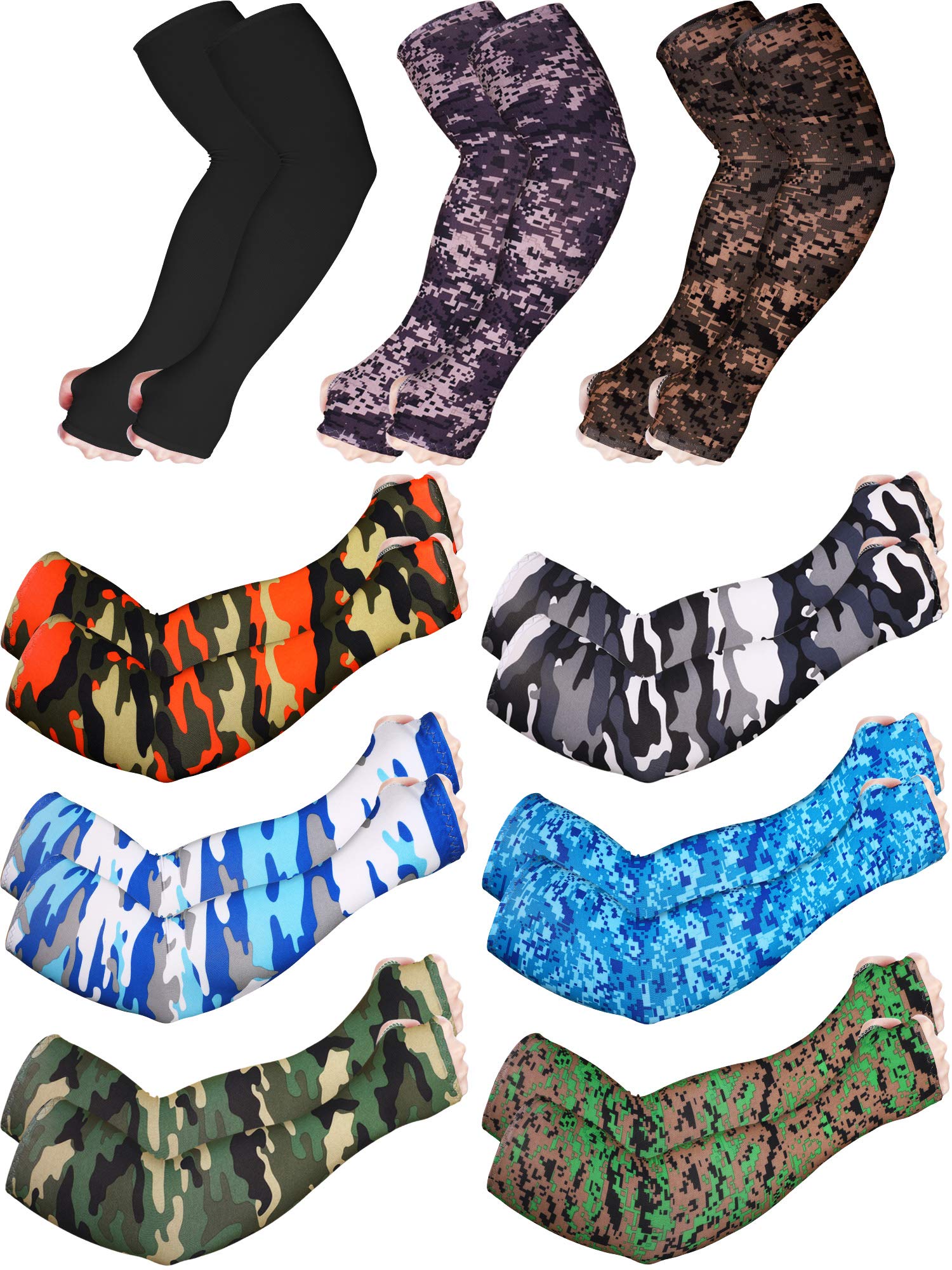 Bememo 9 Pairs Unisex UV Protection Sleeves Cooling Sun Sleeves Long Arm Sleeves Ice Silk Arm Cover Sleeves