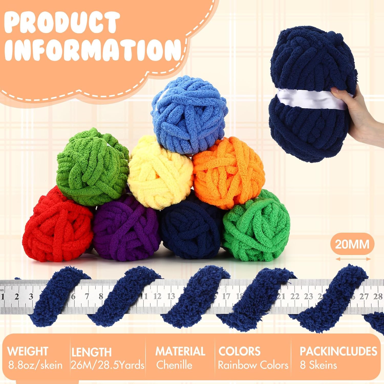 Buryeah 8 Pcs Jumbo Big Chunky Yarn for Hand Knitting Crocheting #10 Chenille Blanket Yarn 8.8 oz Bulky Soft Thick Fluffy Plush for Knitting Blanket DIY Crafts 28.5 Yards Each(Rainbow Colors)