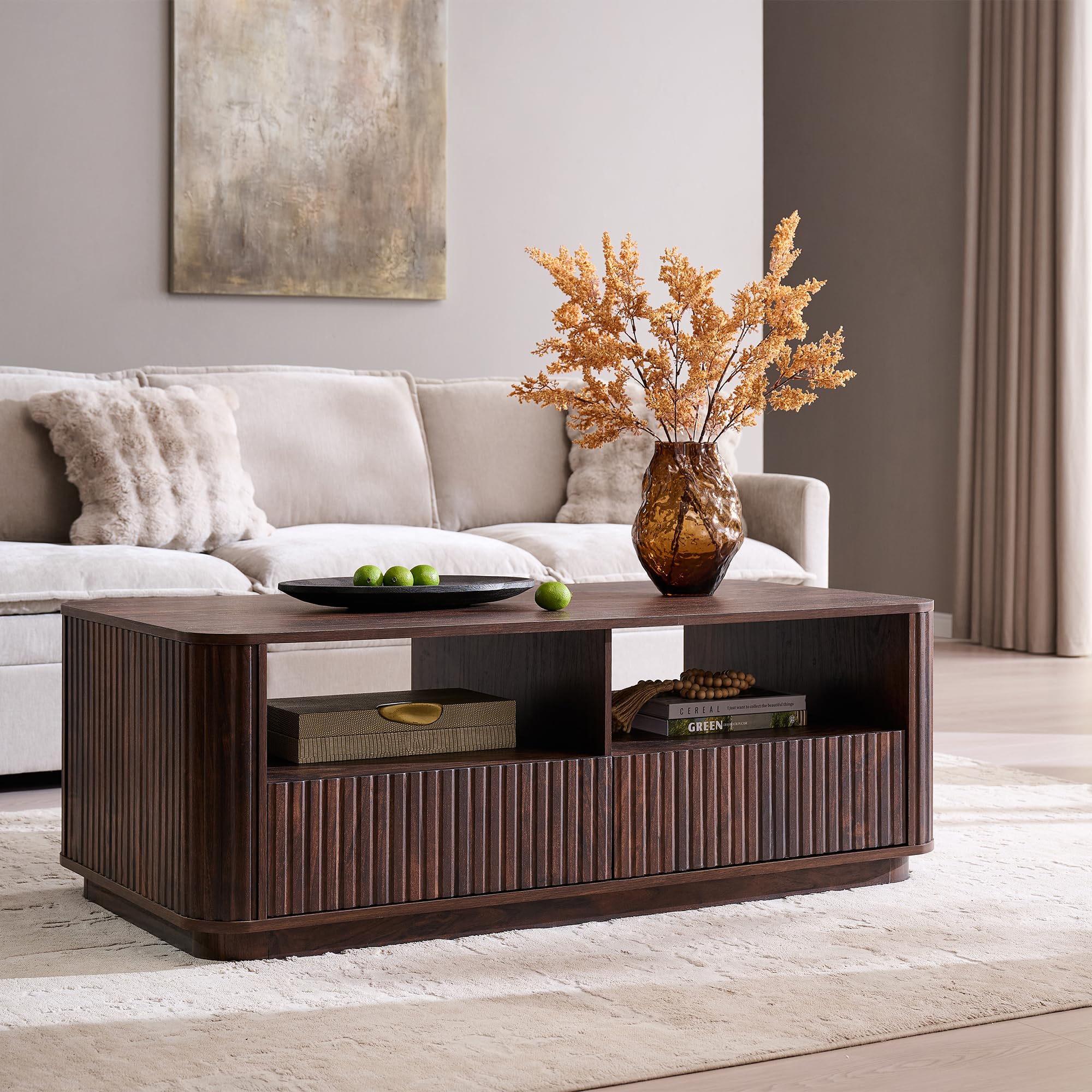 ACCOHOHO 51 Fluted Coffee Table with Storage Modern Center Table with 2 Drawers Rectangle Wood Coffee Table for