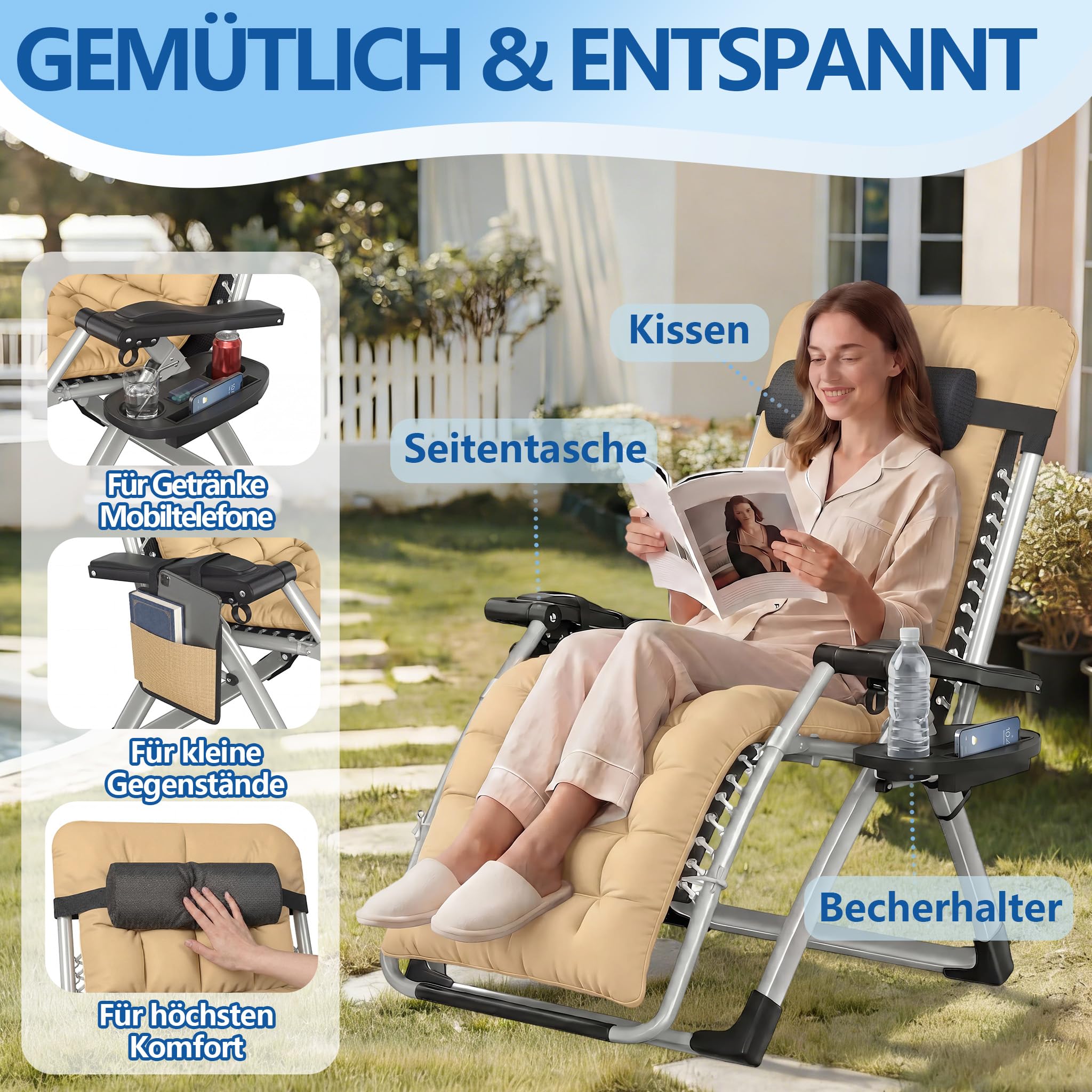 YRHome Beige Sonnenliege Klappbar Gartenliege, Liegestuhl mit Dach, Belastbar 150kg, Ergonomische Relaxliege mit Verstellbarer Rückenlehne, Seitentasche, Nackenkissen, Getränkehalter für Garten