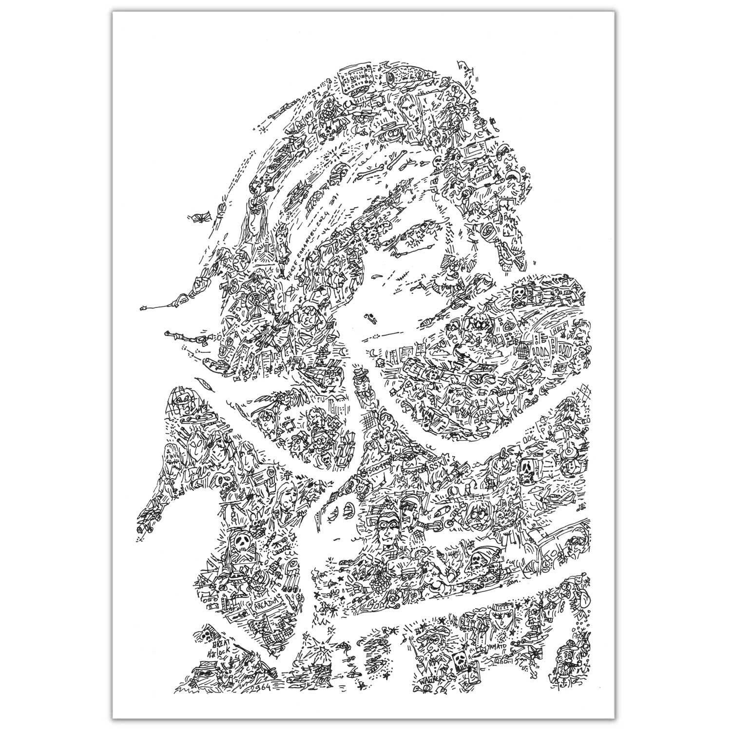 Générique Albator - affiche biographie en portrait | poster du pirate de l'espace | cadeau illustration noir et blanc pour fan dessin animé harlock (A2-42x60cm)