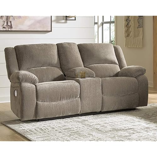 Signature Design by Ashley Draycoll Contemporary Adjustable Power Double Reclining Loveseat with Center Console, Light Brown