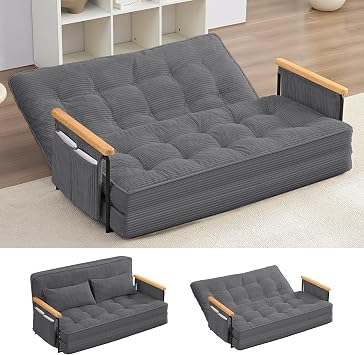 Mjkone 54" Adjustable Floor Couch with 2 Pillow, Loveseat Sleeper Sofa with Side Pocket, Multi-Functional Couch Bed, 5 Position Lazy Sofa with Wooden Armrest for Living Room Dark Gray,Loveseat