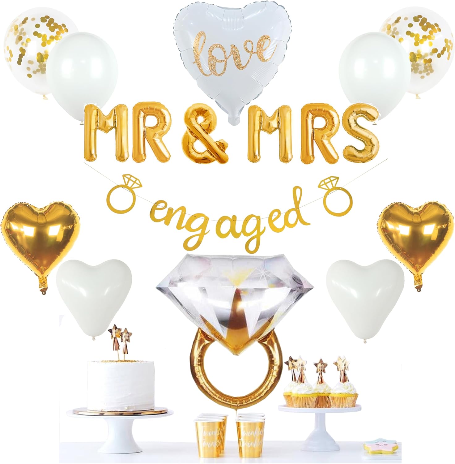 VIDAL CRAFTS Gold Engagement Party Decorations - White & Gold Decor with Engaged Banner, Mr and Mrs Balloons, Latex Heart Confetti Balloons, Engagement Ring Balloon