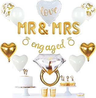 VIDAL CRAFTS Gold Engagement Party Decorations - White & Gold Decor with Engaged Banner, Mr and Mrs Balloons, Latex Heart Confetti Balloons, Engagement Ring Balloon
